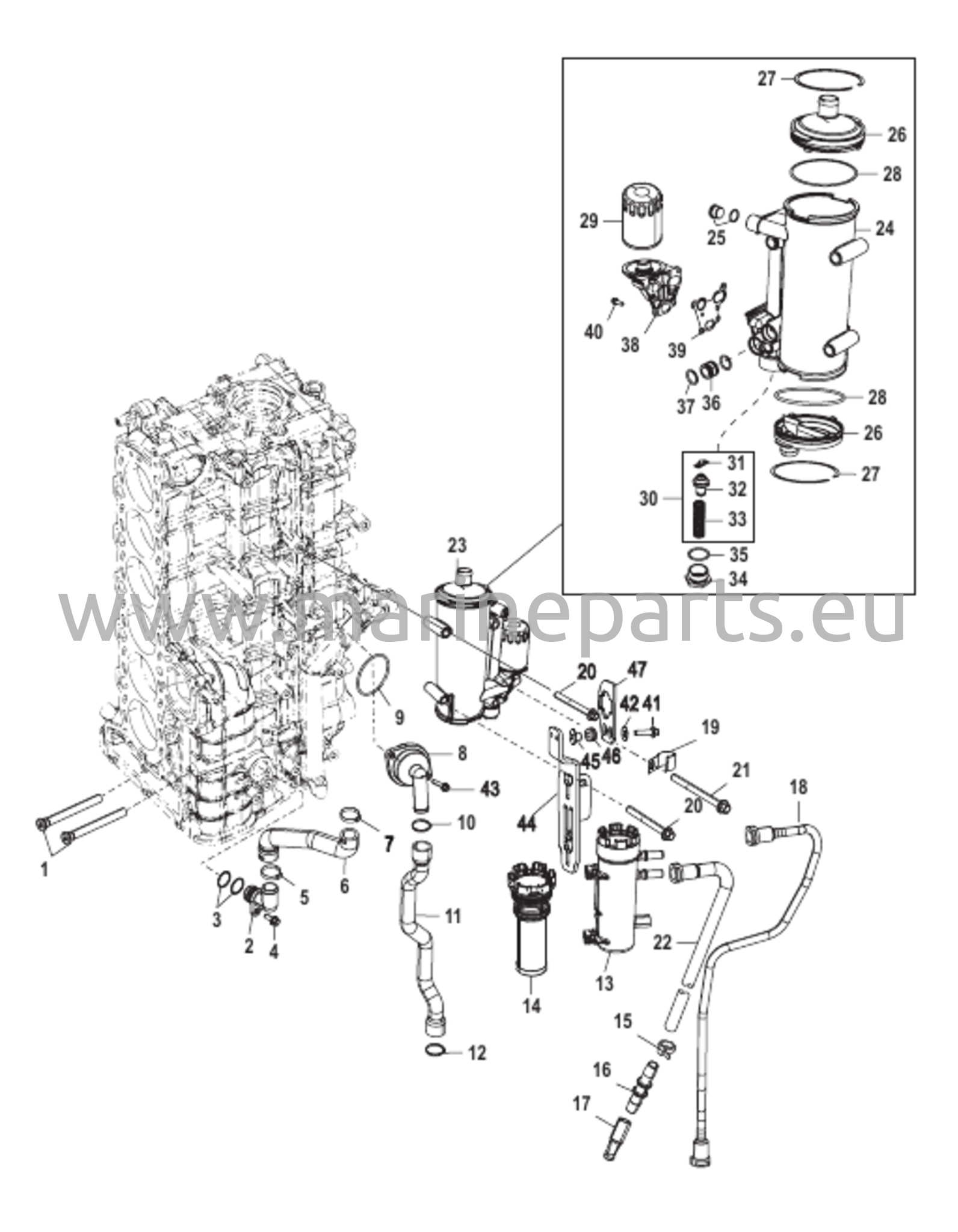 Starboard-sylinterilohko/Öljynjäähdytin (1B830816 ja uudemmat)