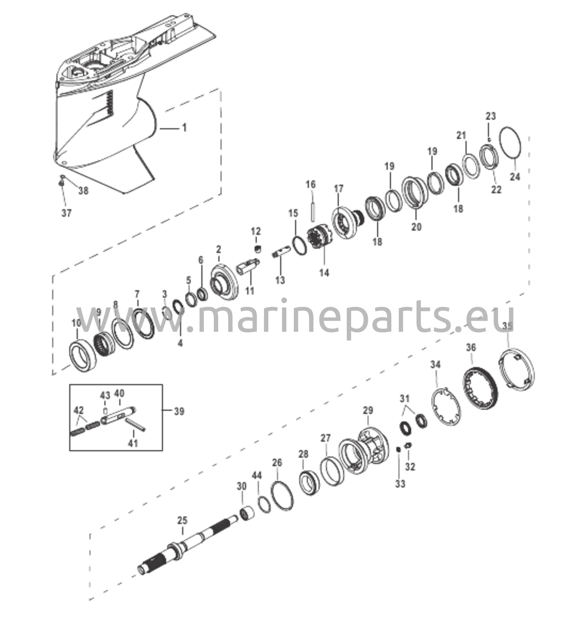 Kotelo, potkurin akseli, vastakappale SEAPRO 3B111734 ja alapuoli
