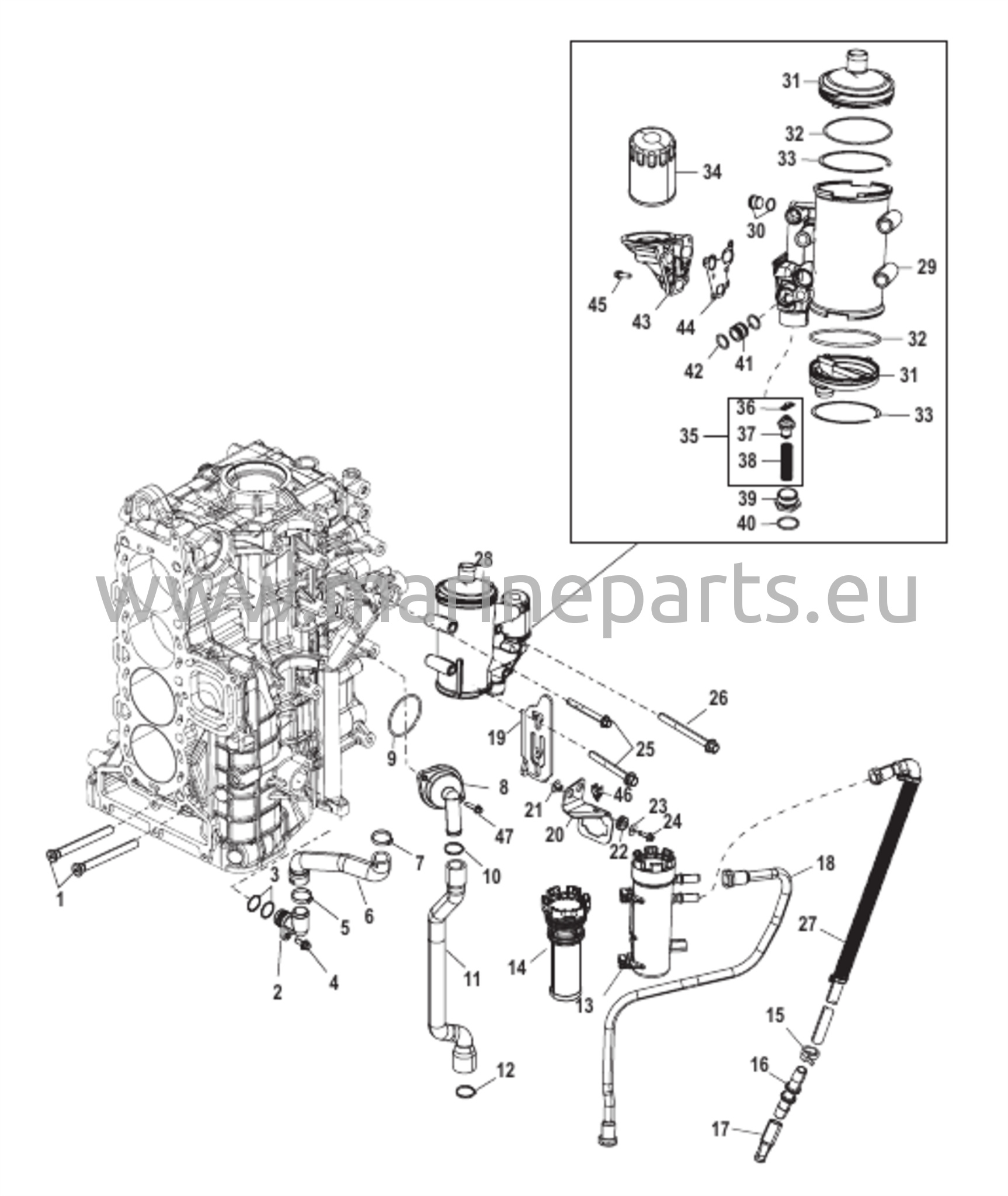 Starboard-sylinterilohko/Öljynjäähdytin (1B831000 ja uudemmat)
