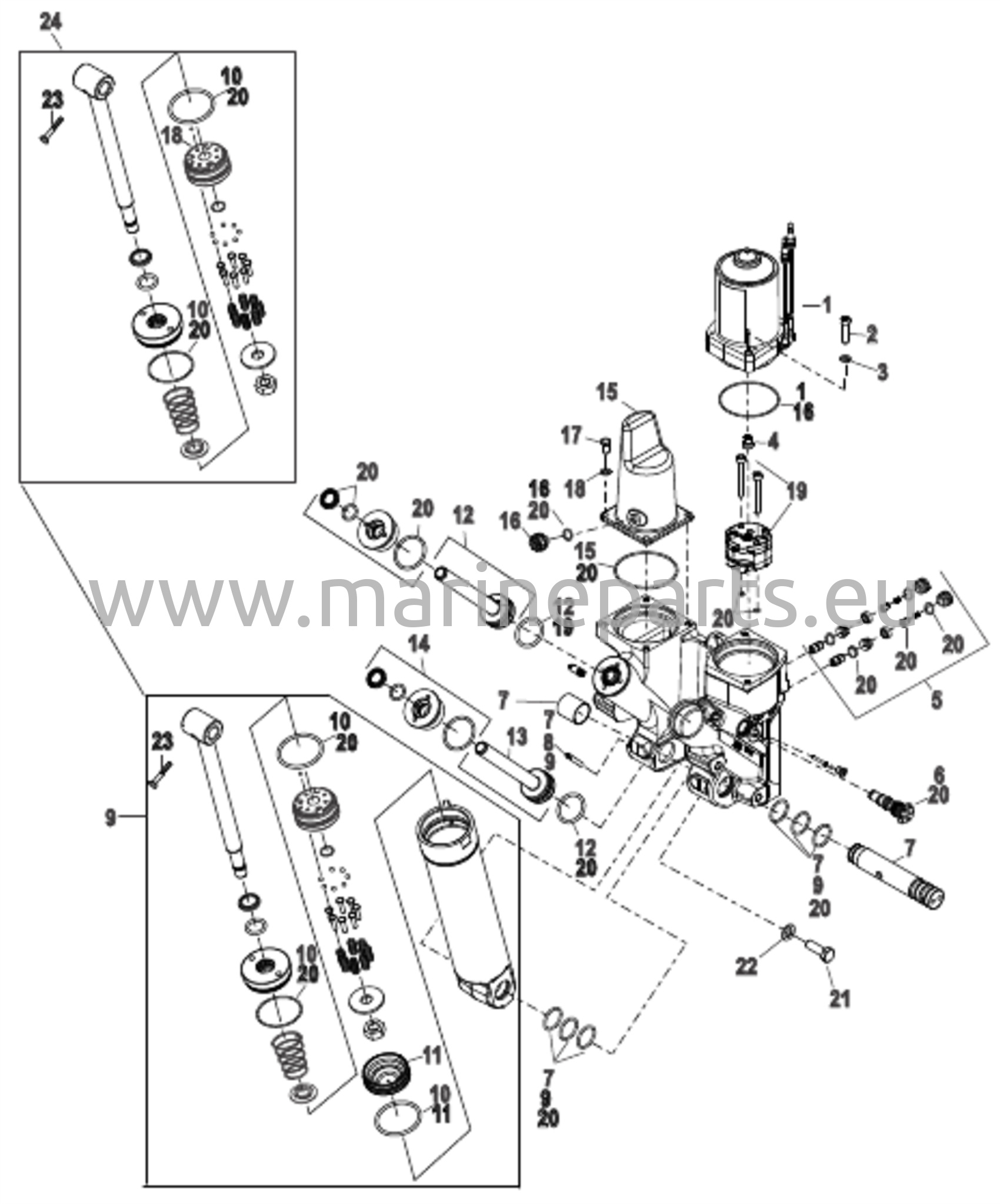 Power Trim -komponentit (muovinen moottorin kotelo)