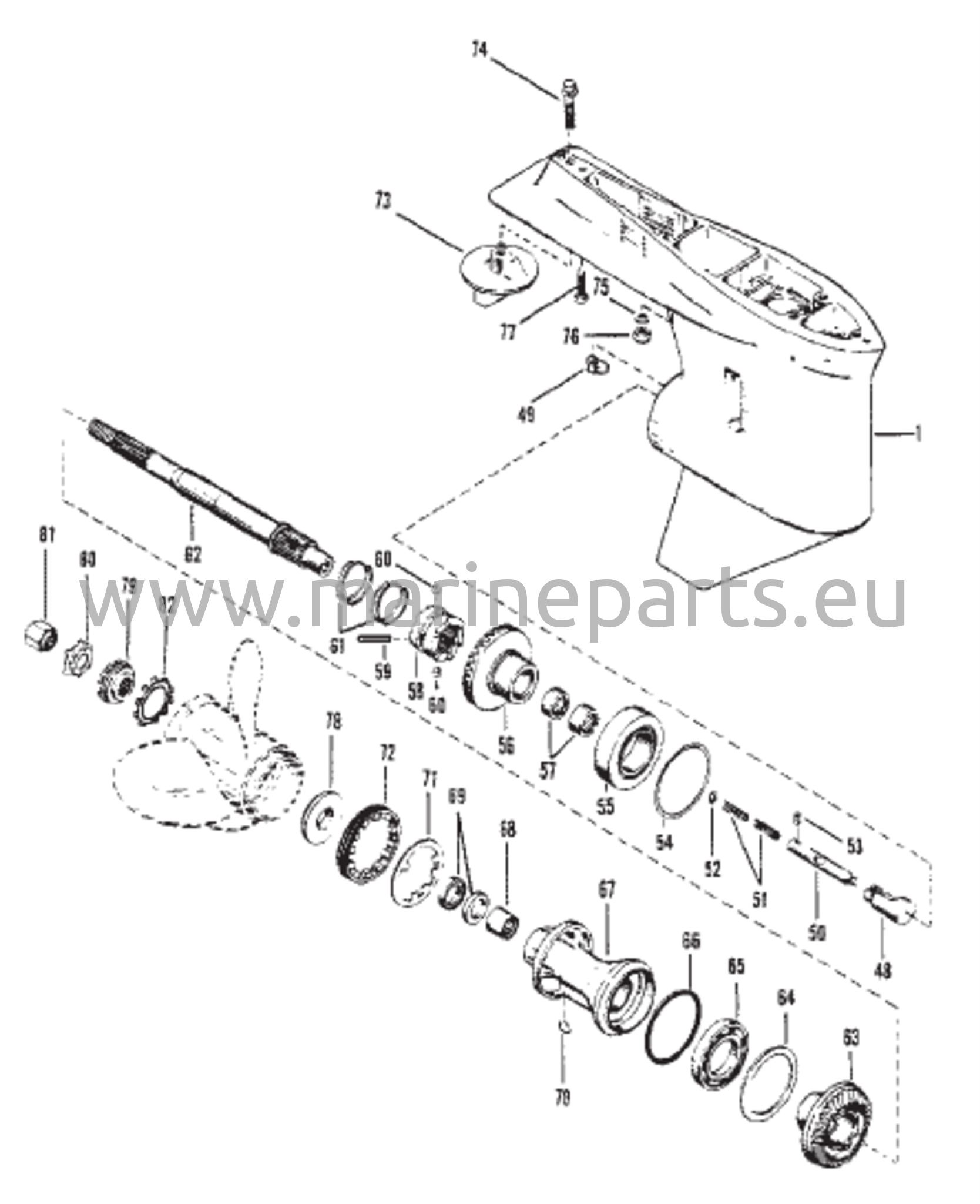 Vaihteiston kotelo potkurin akselille - vetoakselimutterilla