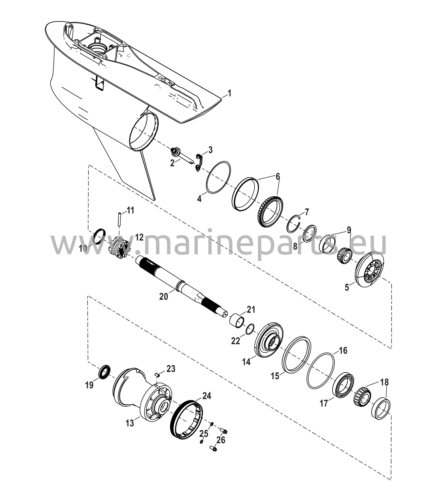Vaihteiston kotelo, potkuriakseli - Normaali pyörimissuunta, 6.44 Torpedo