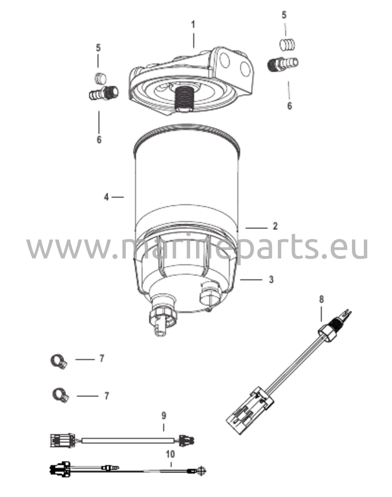 Vesierottimella varustettu polttoainesuodatinpaketti WIF-anturin kanssa