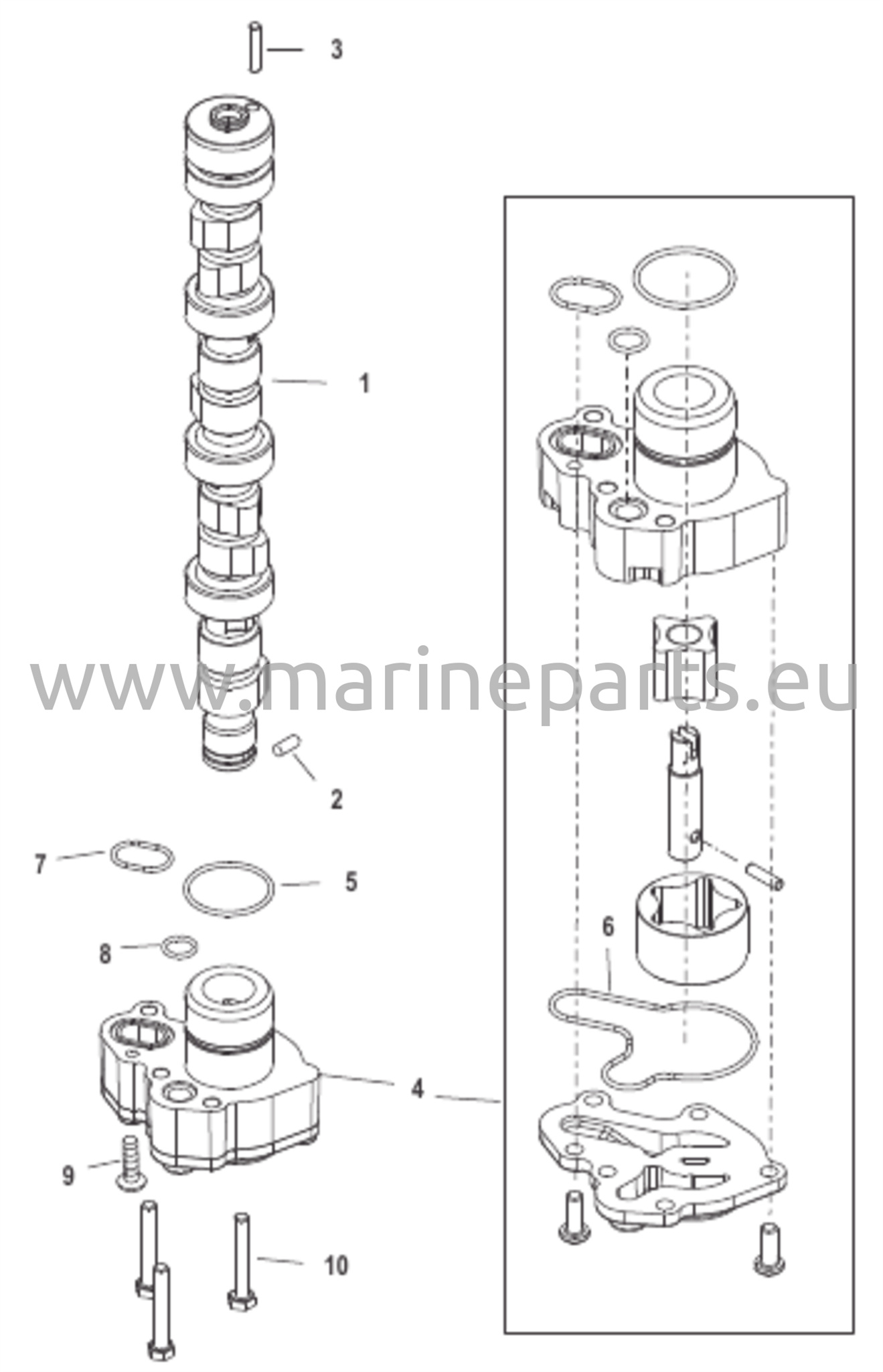 Nokka-akseli ja öljypumppu
