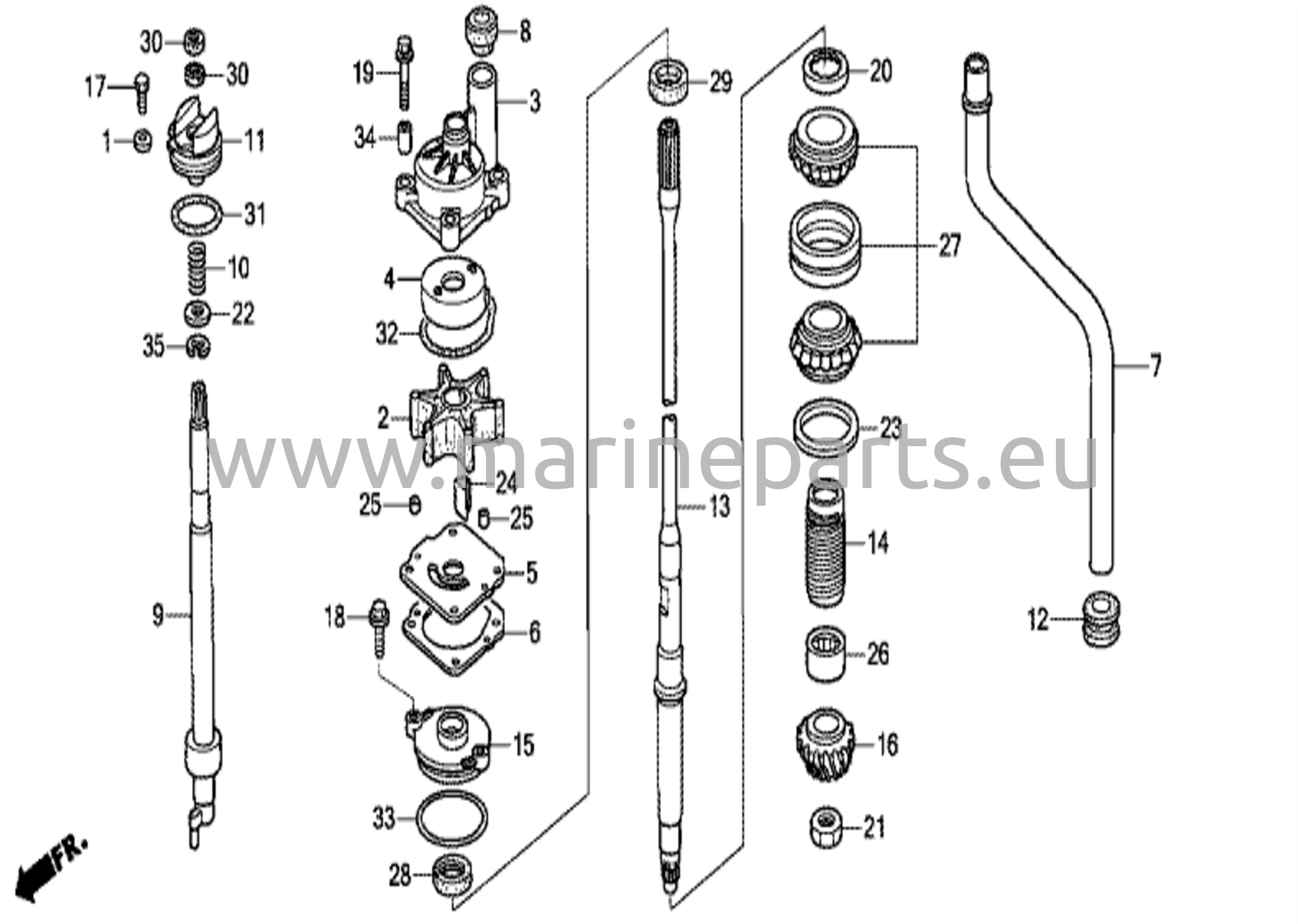 Vattenpumpsenhet och vertikal drivaxel