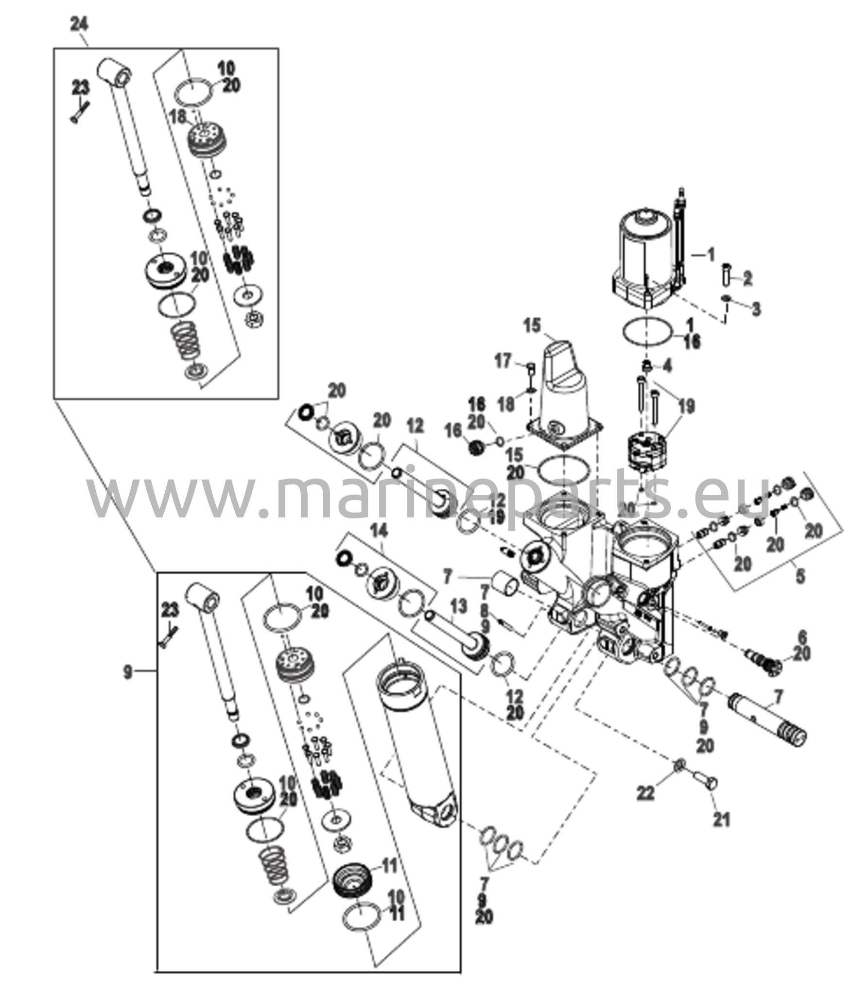 Power Trim -komponentit (muovinen moottorin kotelo)