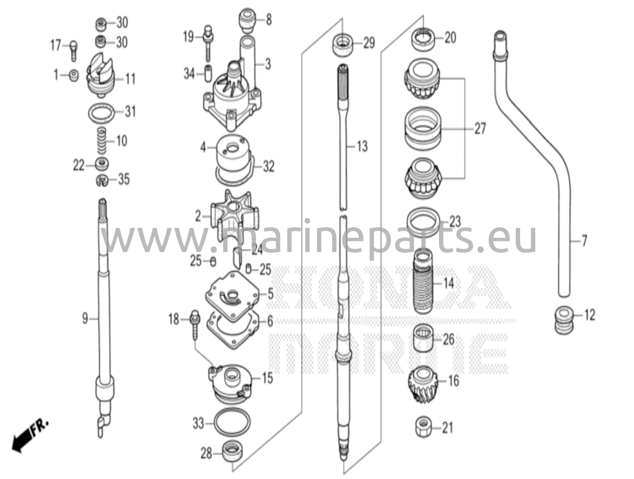 Vesipumppu-yksikkö ja pystysuora vetoakseli