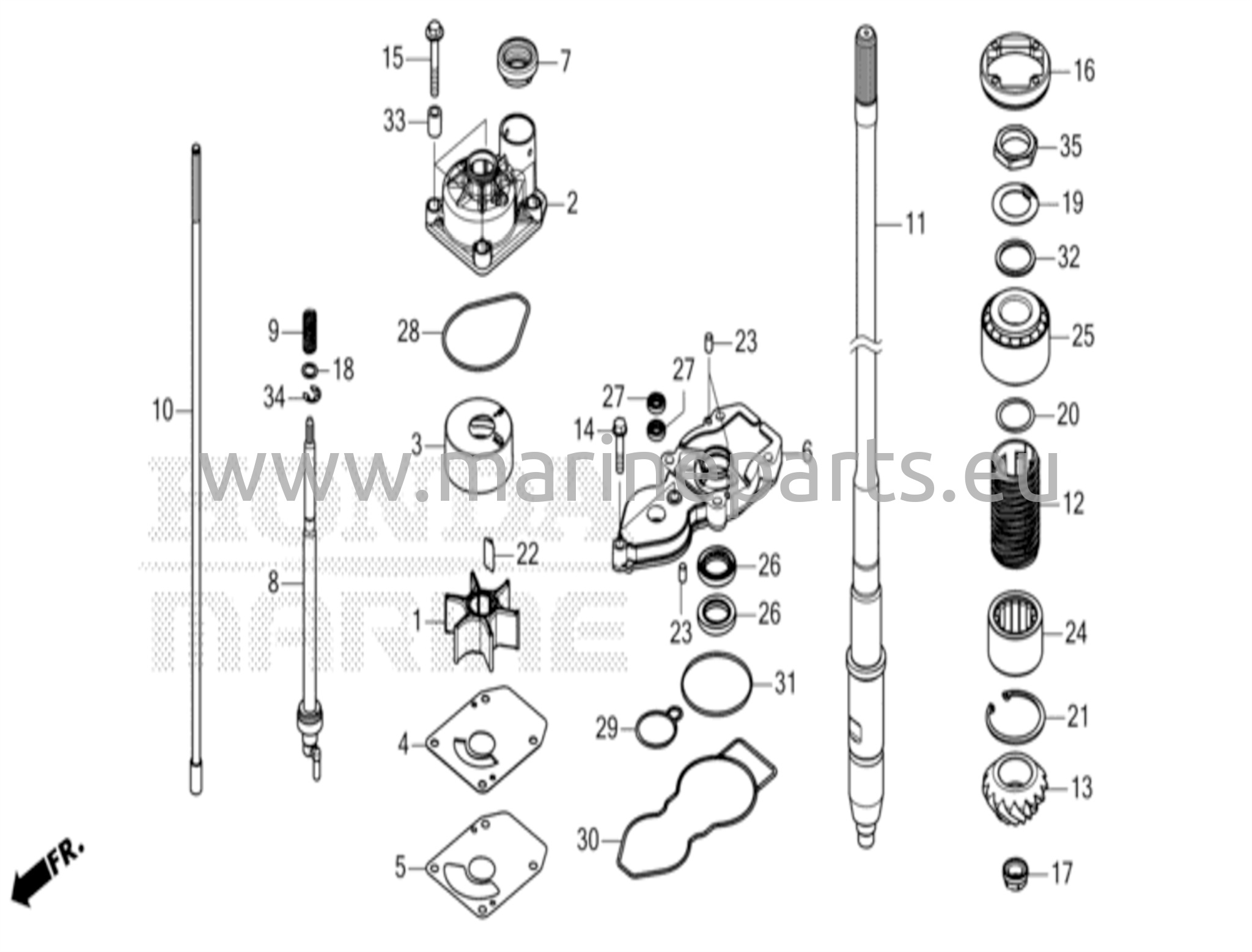 Vesipumppu-yksikkö ja pystysuora voimansiirtoakseli