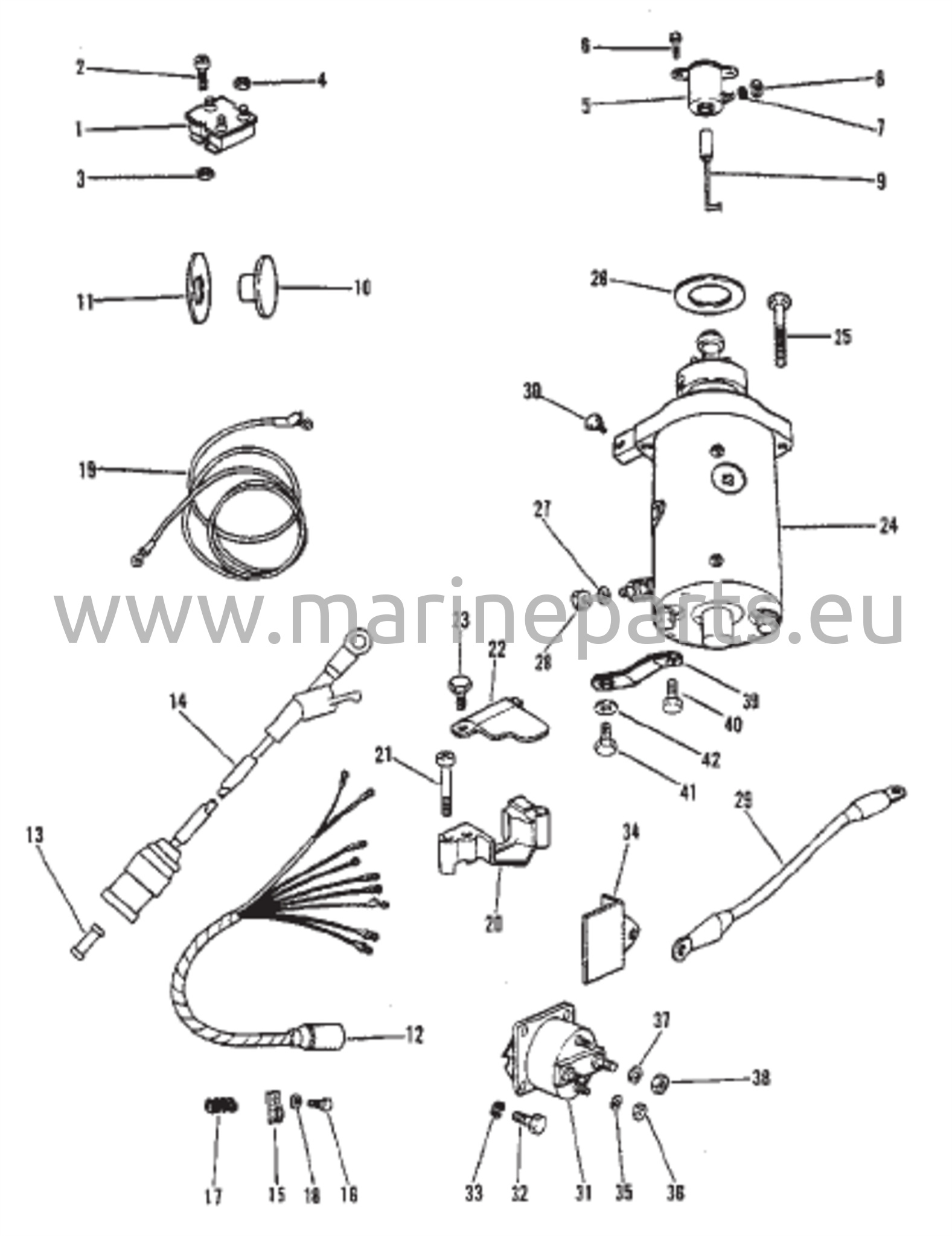 Sähkömoottorin käynnistin, tasasuuntaaja ja johdotussarja (vain sähkö)