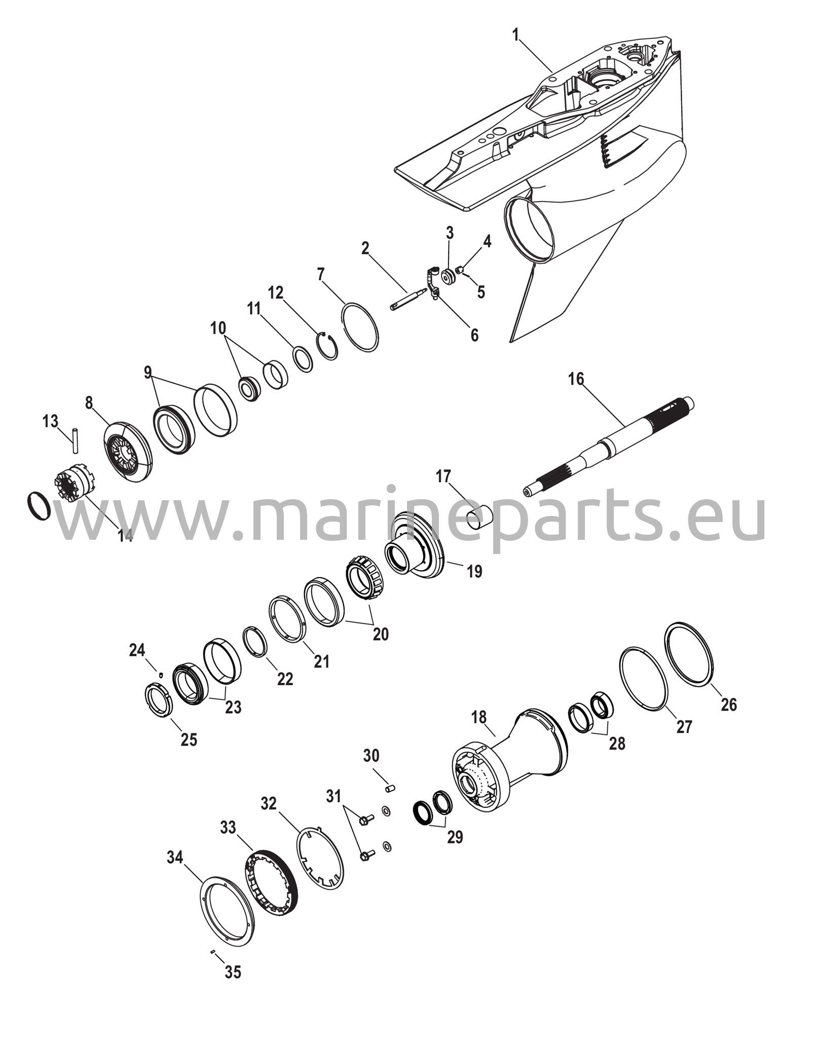 Vaihteiston kotelo, voimansiirron vastakääntö, 5,44 Torpedo, Design-II, eteenpäin kapeneva laakeri