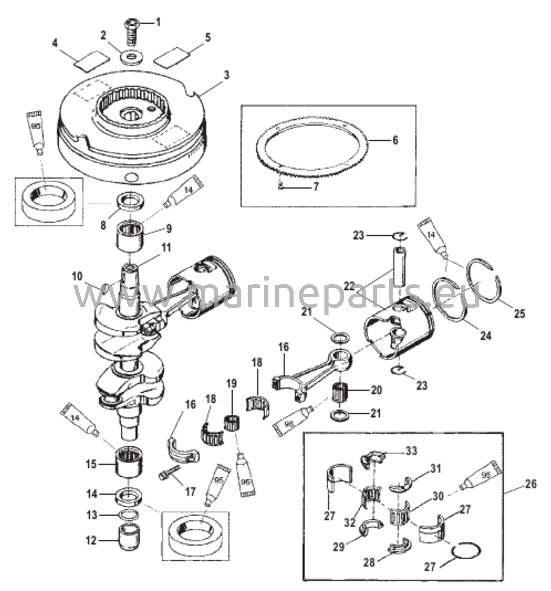 Crankshaft Pistons and Flywheel 