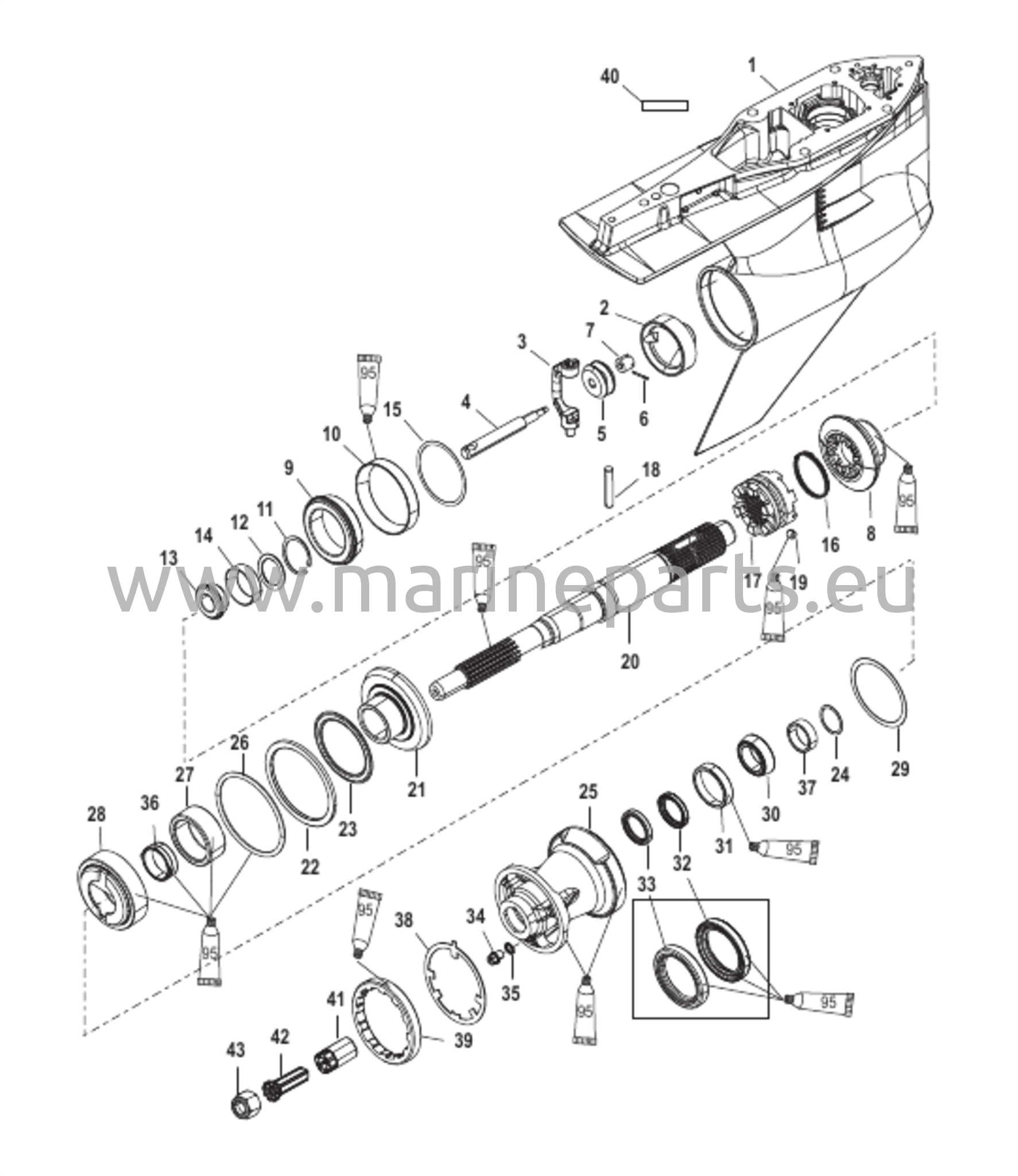 Vaihteiston kotelo, potkuriakseli, vastakappale SEAPRO 3B111735 ja YLÖS