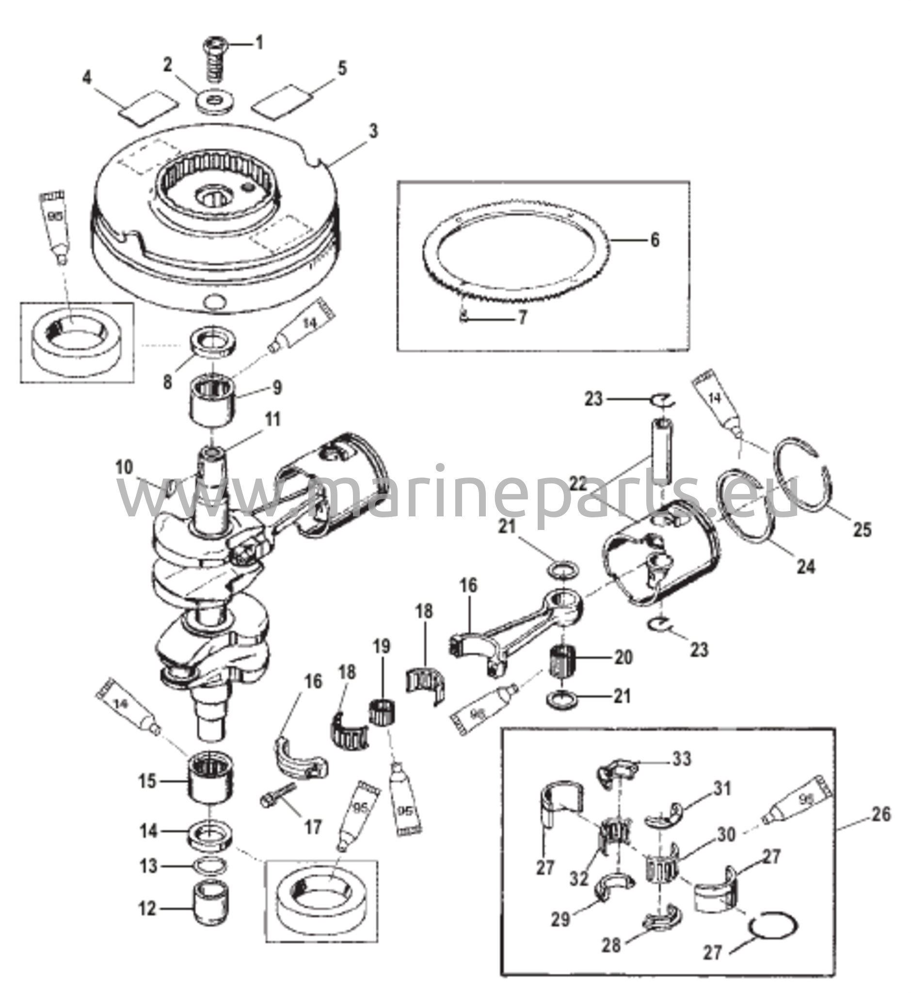 Crankshaft Pistons and Flywheel 