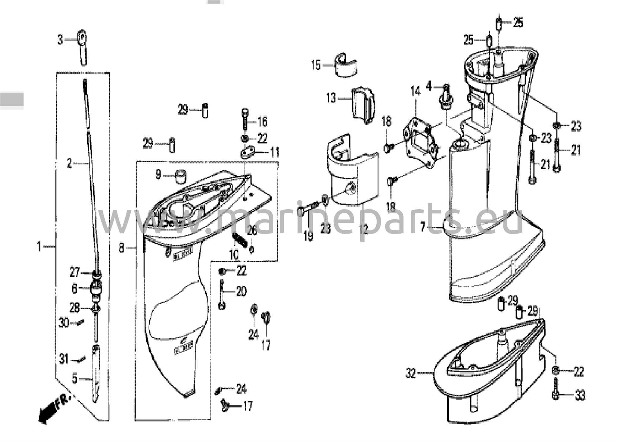 Växellådsfodral, växelaxel och förlängningshus
