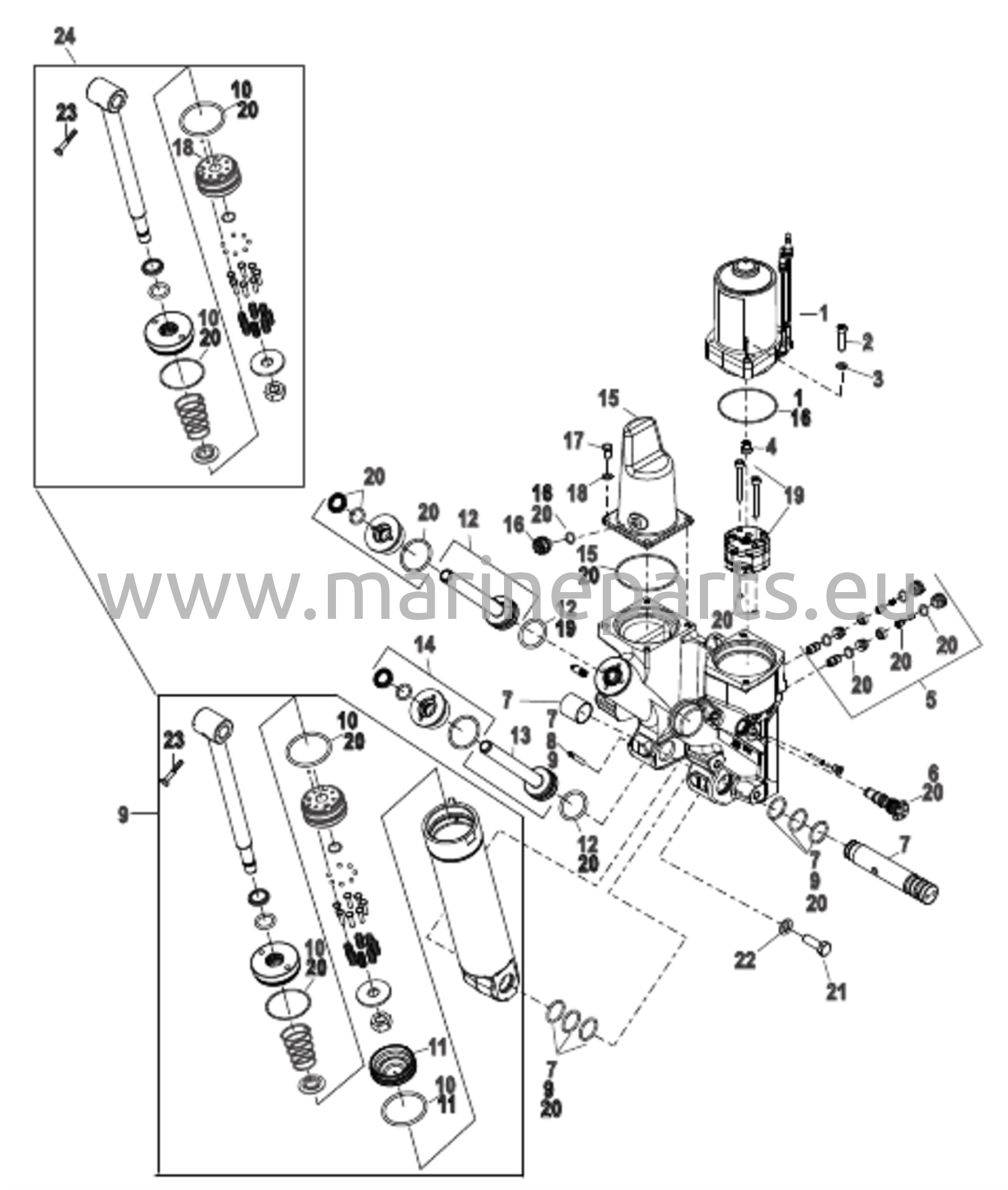 Power Trim -komponentit, muovinen moottorikotelo