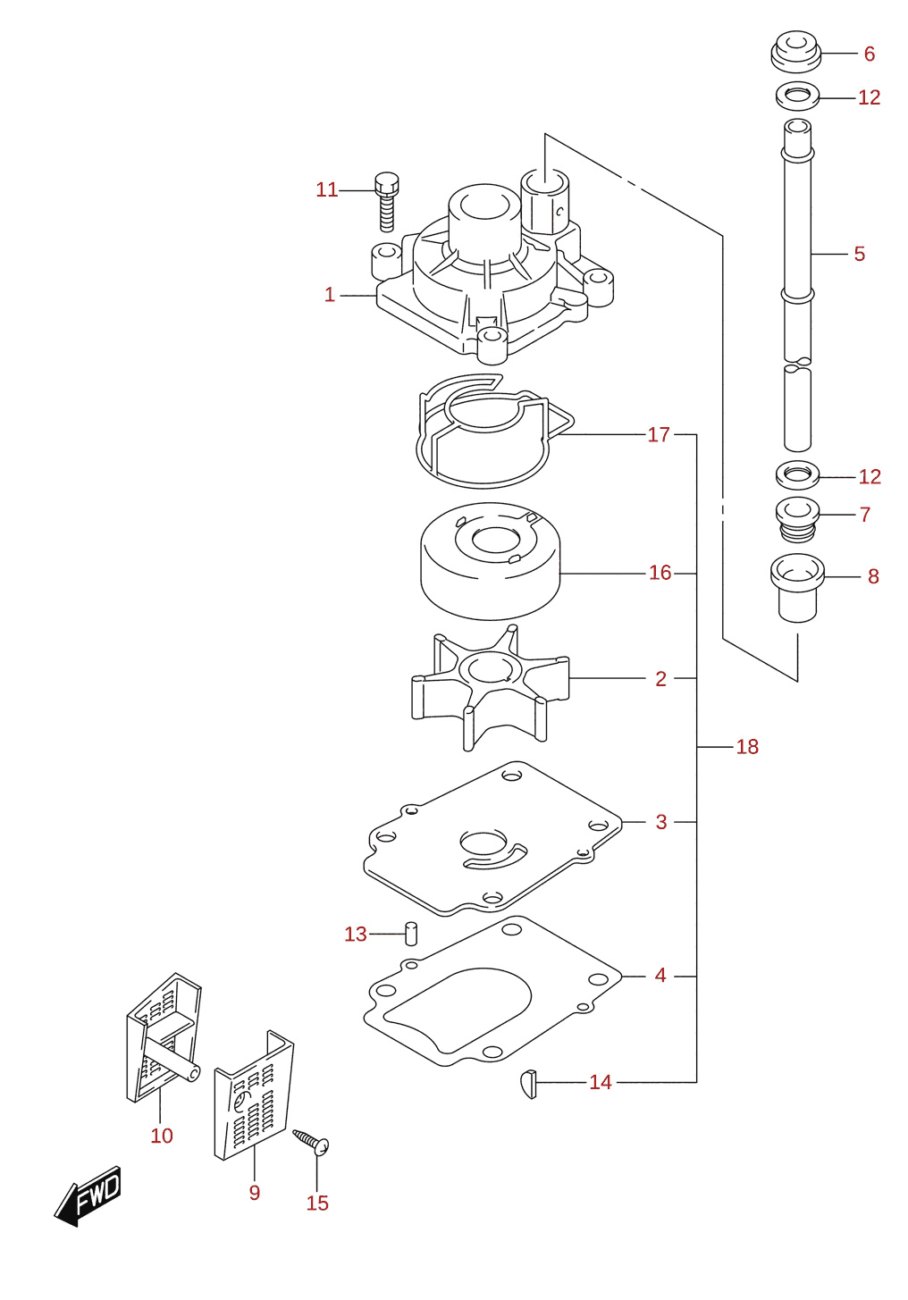 Vesipumppu (L-transom) (DF100B, DF70A, DF75A, DF80A, DF90A)