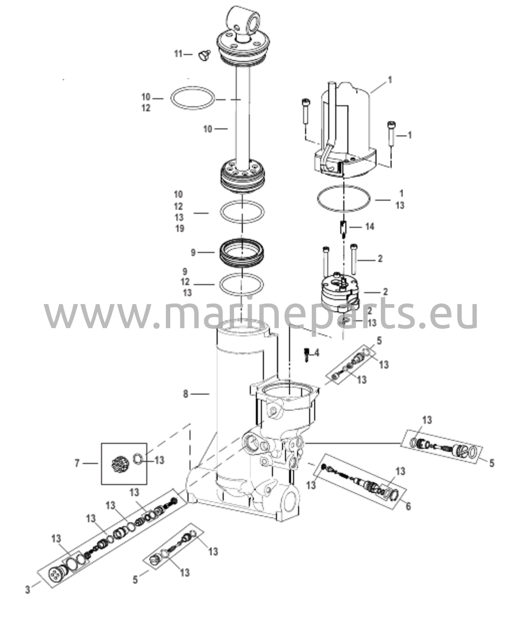 Komponenter för Power Trim-aggregat – 3B020121 och senare