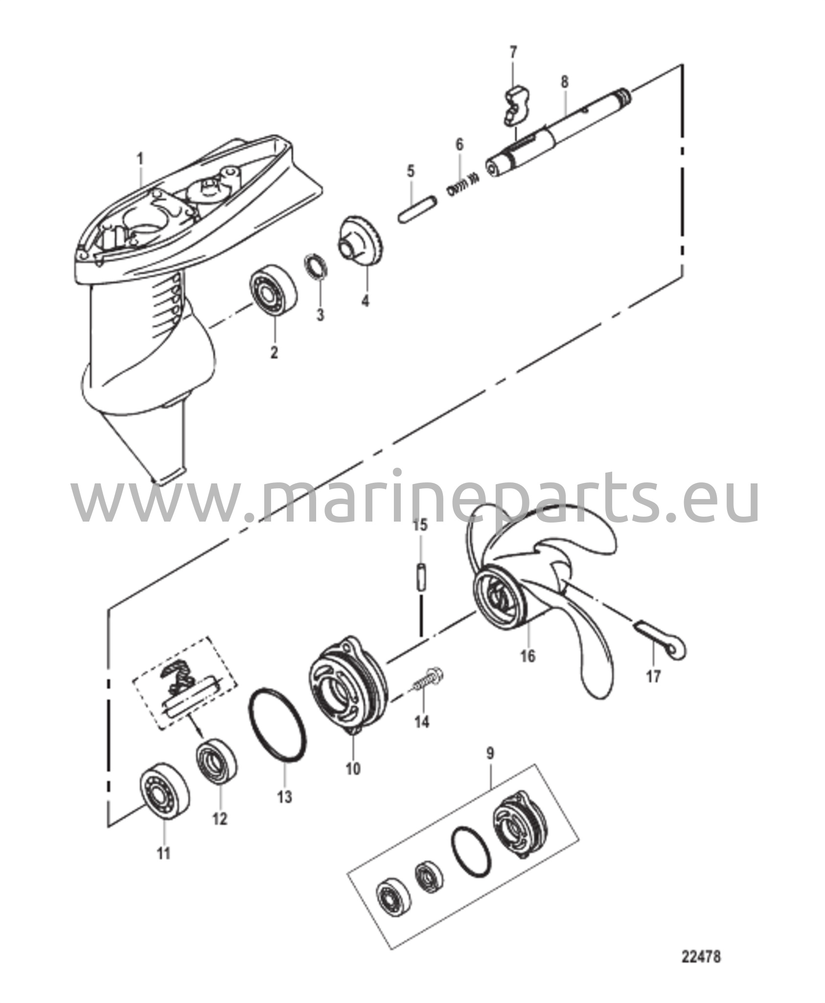 Vaihteiston kotelon kokoonpano potkurin akselille