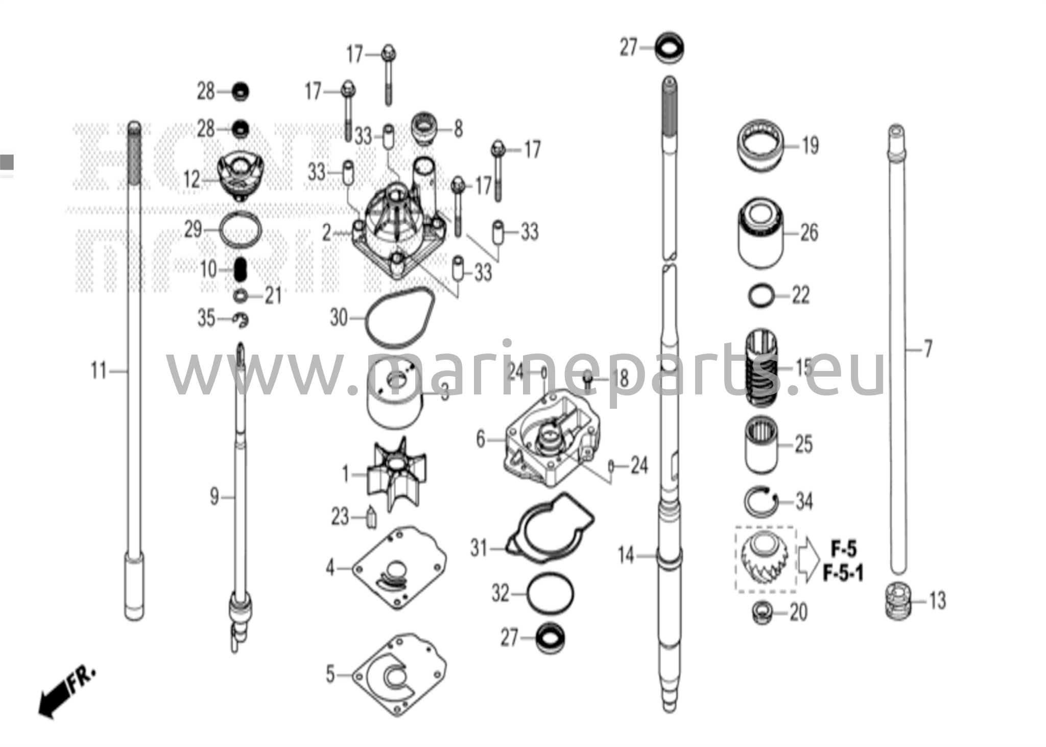 Vesipumppu-yksikkö ja pystysuora voimansiirtoakseli
