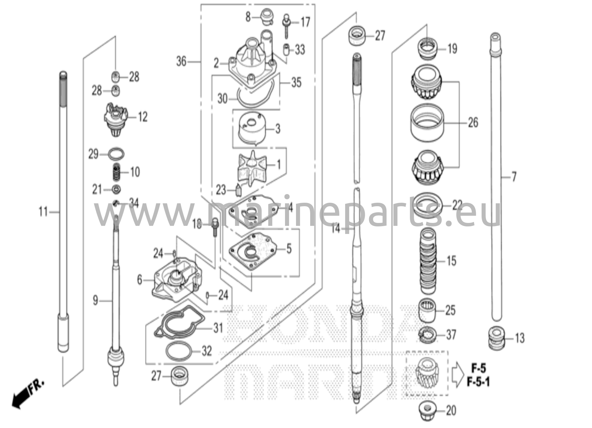 Vesipumppuyksikkö ja pystysuora voimansiirtoakseli