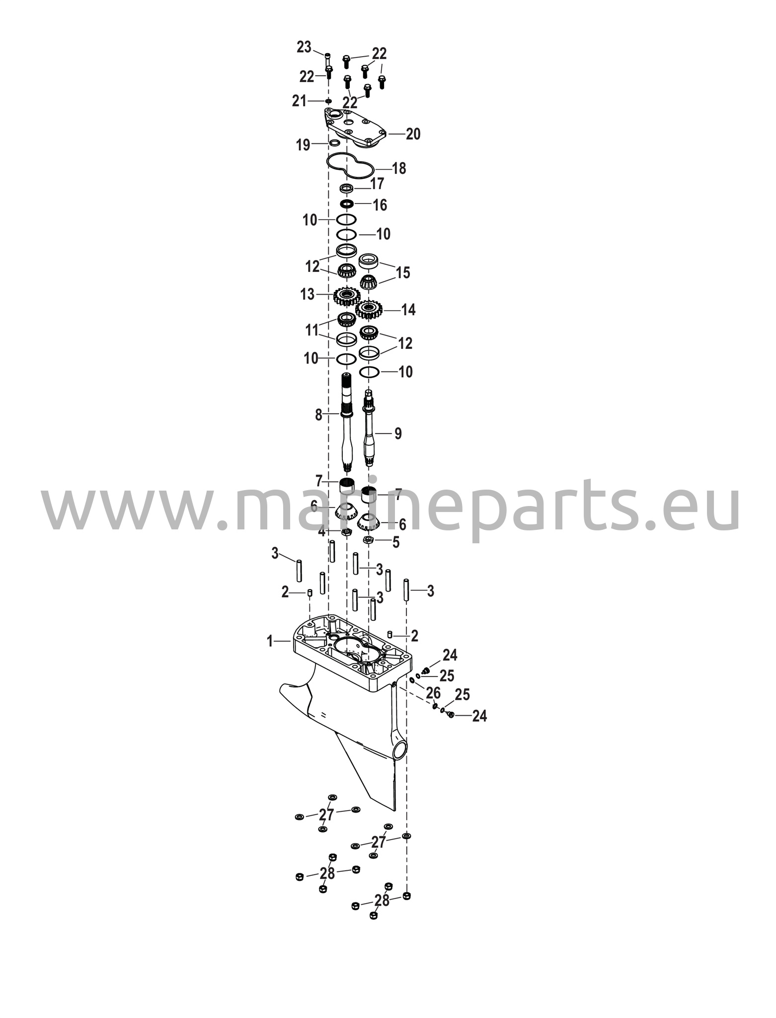 Vaihteiston kotelo, voimansiirtoakseli