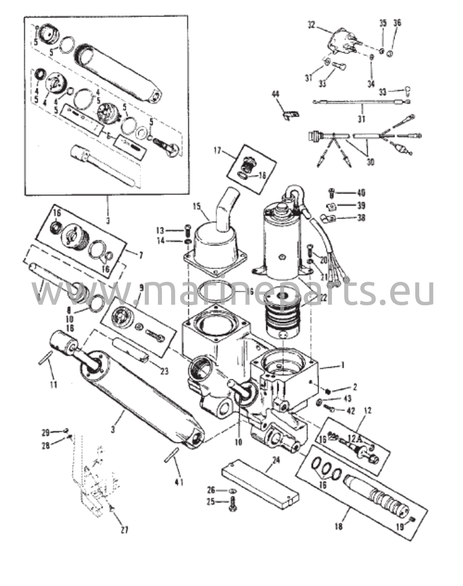 Power Trim -komponentit Kolmella sylinterillä (Malli I)
