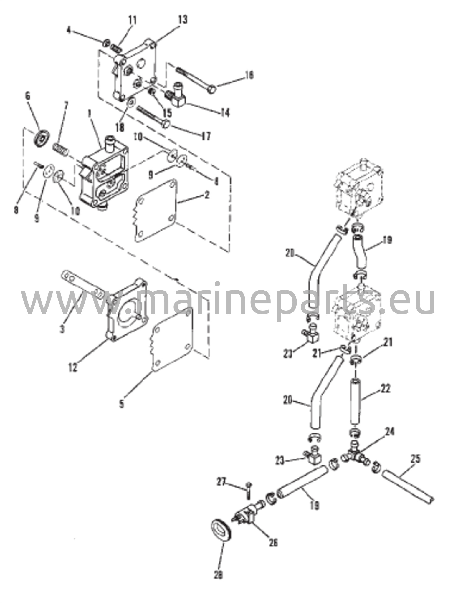 Polttoainepumppu (sarjanumero #D000750 ja siitä eteenpäin / polttoainepumpun runko valkoinen / punainen)