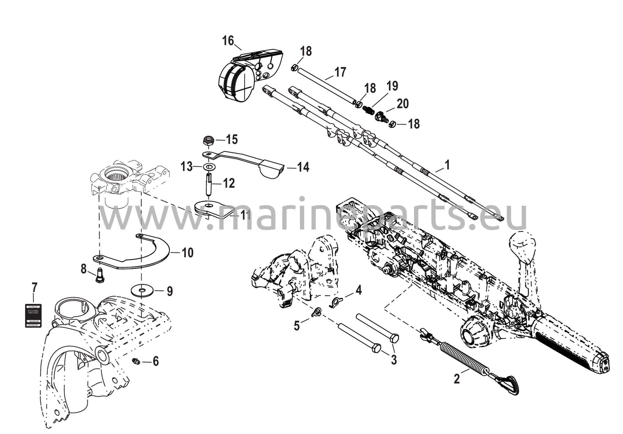 Tiller-kahvansarjan osat (keskiasennus SeaPro)