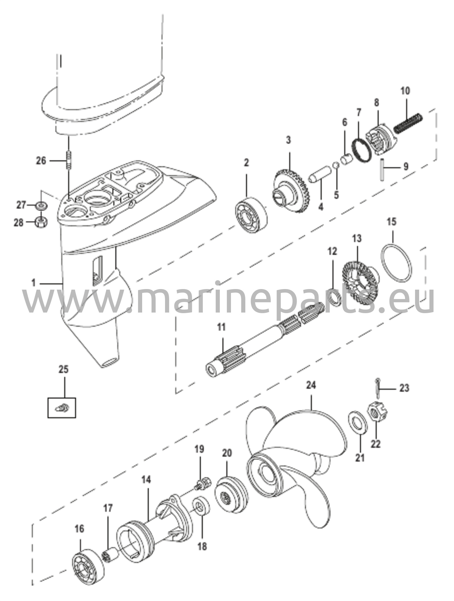 Vaihteiston kotelo ja potkurin akseli