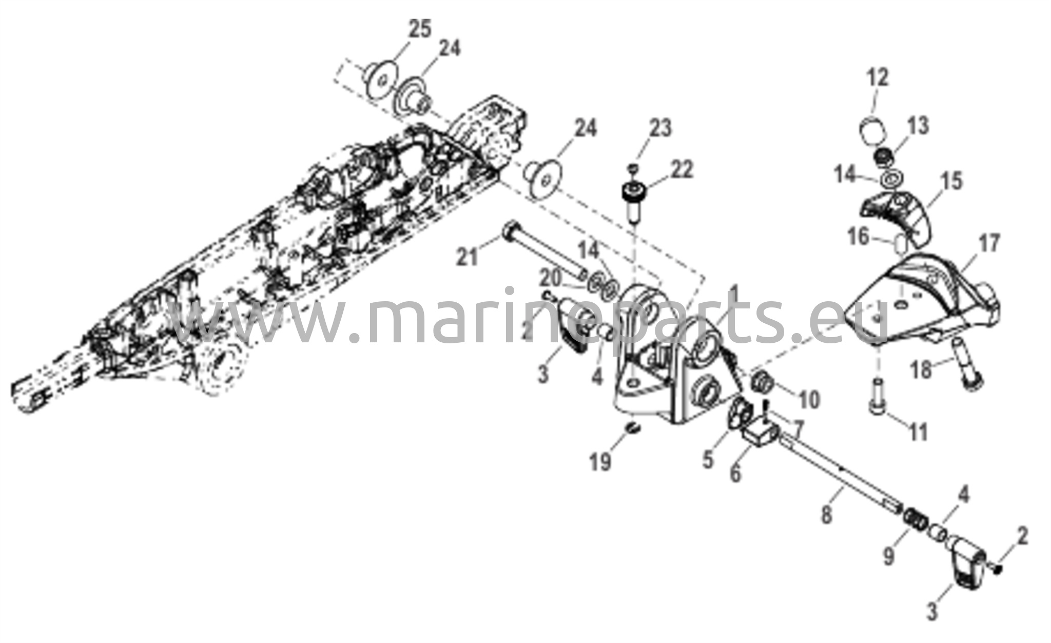 Peräsimen kahvan takakiinnikkeen kokoonpano (keskiasennus)