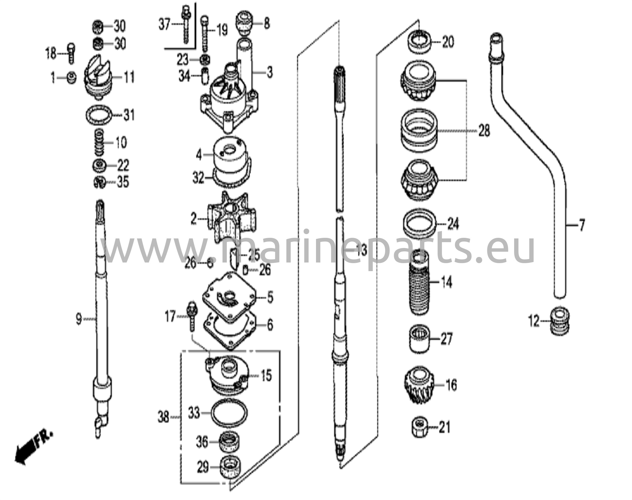Vattenpumpsenhet och vertikal drivaxel