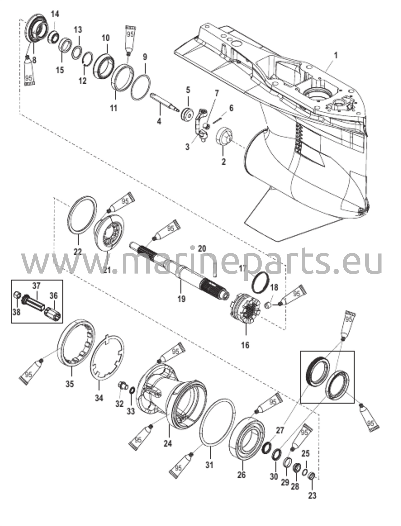 Vaihteiston kotelo potkurin akselille - vakiorotaatio