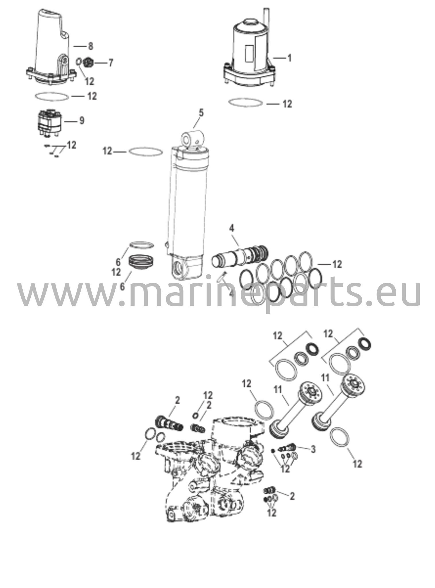 Power Trim -komponentit muovinen moottorikotelo - Malli 2/3