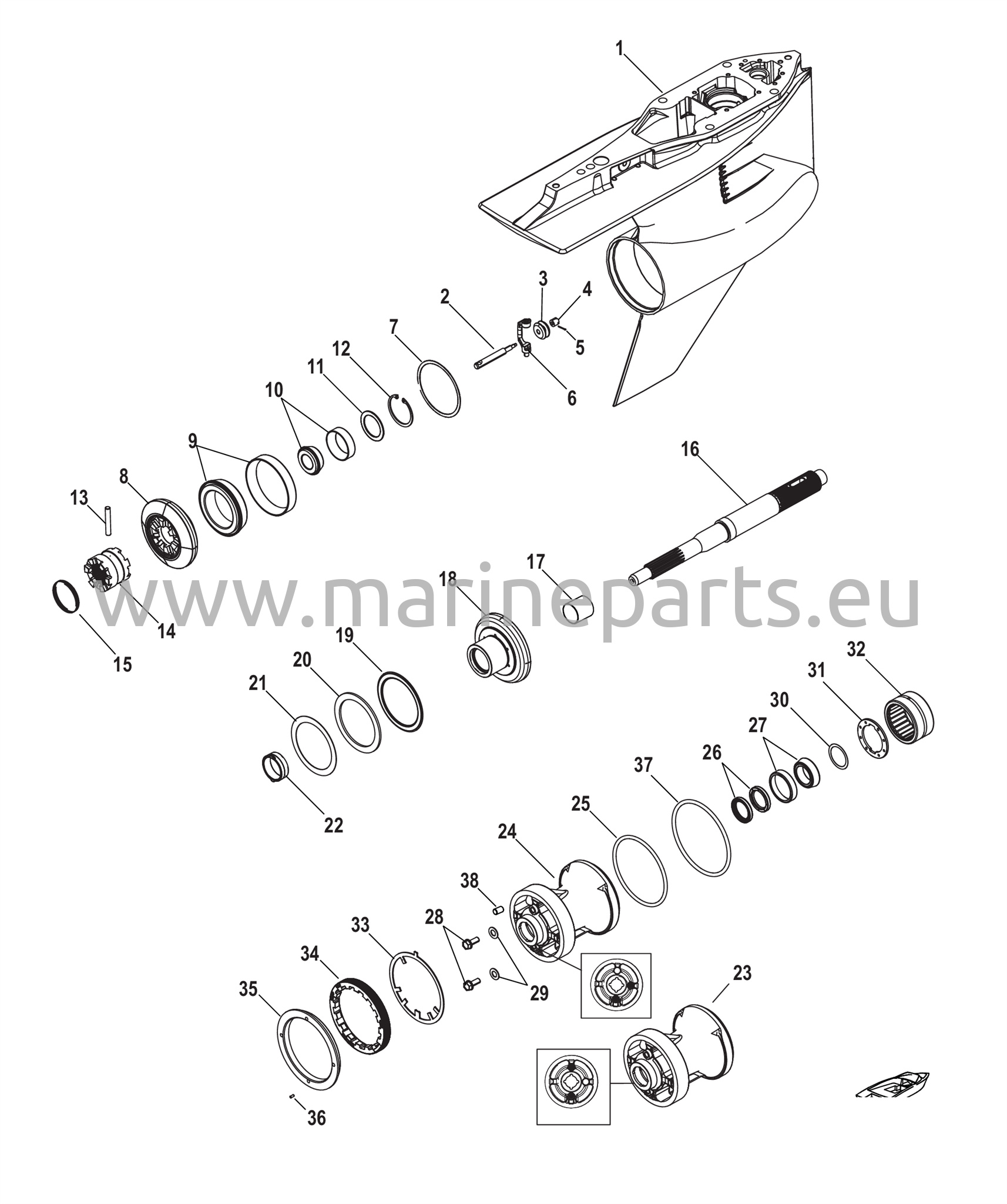 Vaihteiston kotelo, vastakääntyvä voimansiirtoakseli, 5,44 Torpedo, Design-I rullalaakeri eteenpäin