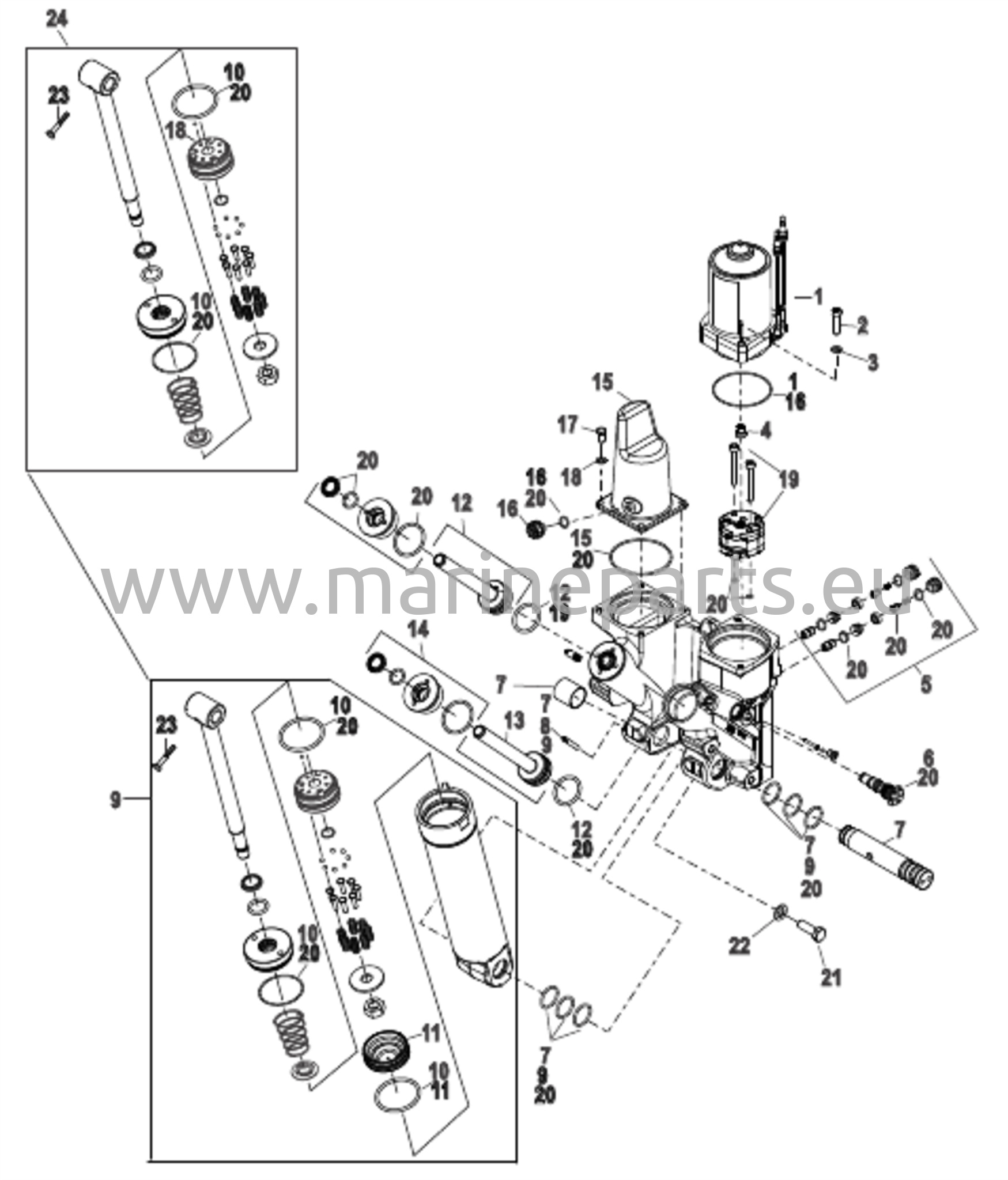 Power Trim -komponenttien muovinen moottorikotelo