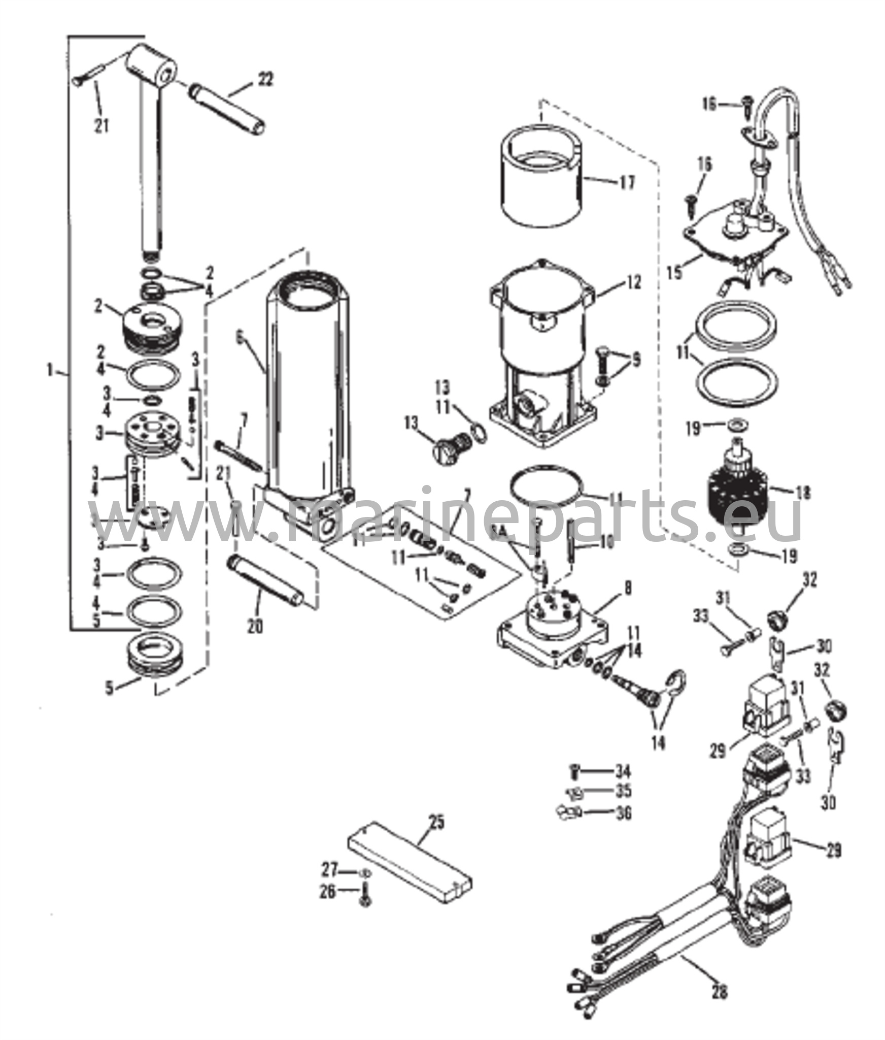 Power Trim -komponentit yksittäisellä sylinterillä (0D252460 ja sitä alemmat)