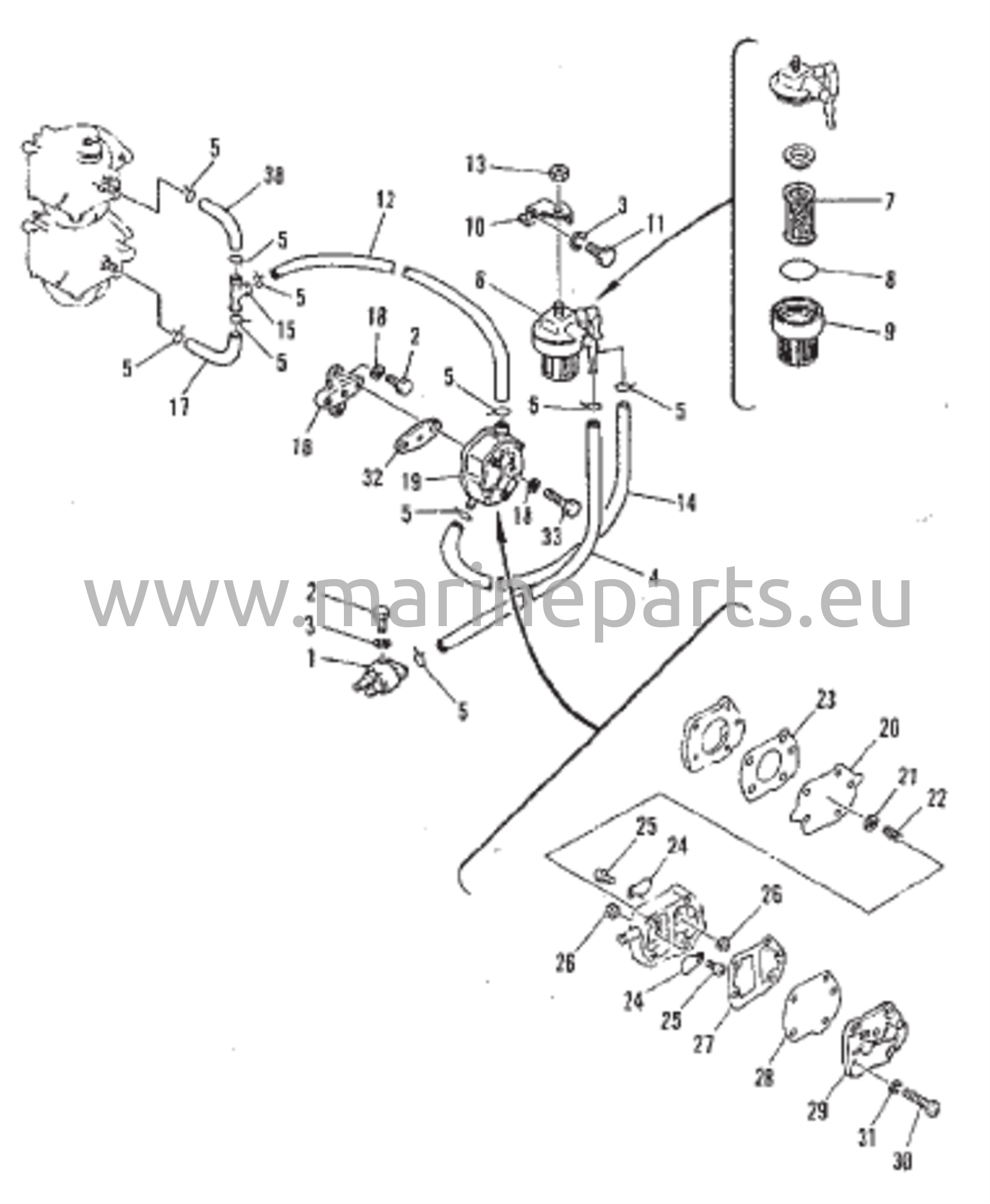 Polttoainepumppu, putket ja suodatin