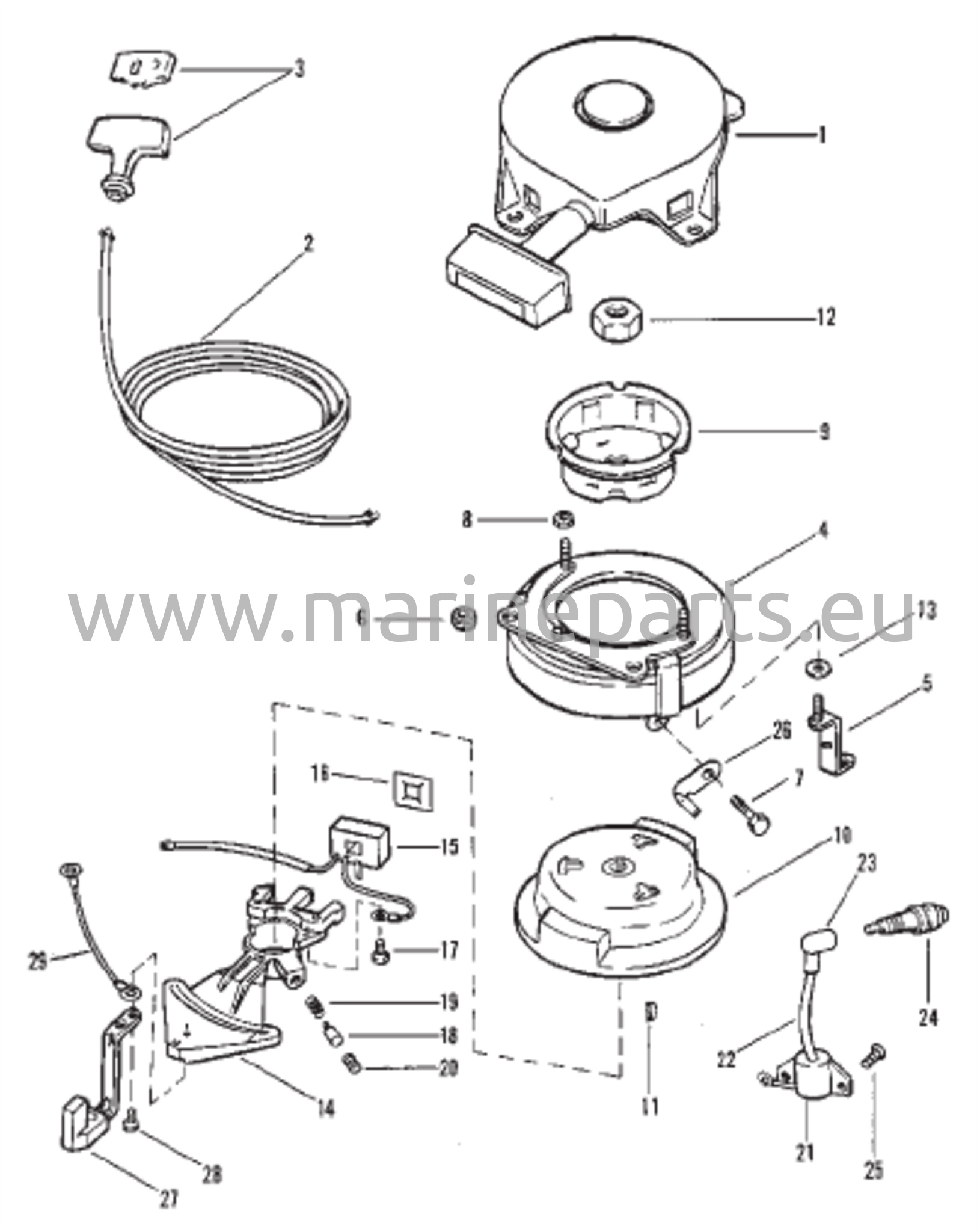 Käynnistimen palautusjousi ja vauhtipyörä