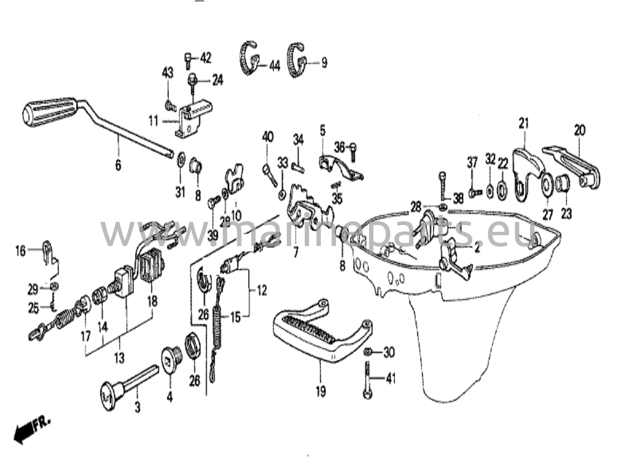 Växelaxel / bärhandtag / låsspak för kåpa