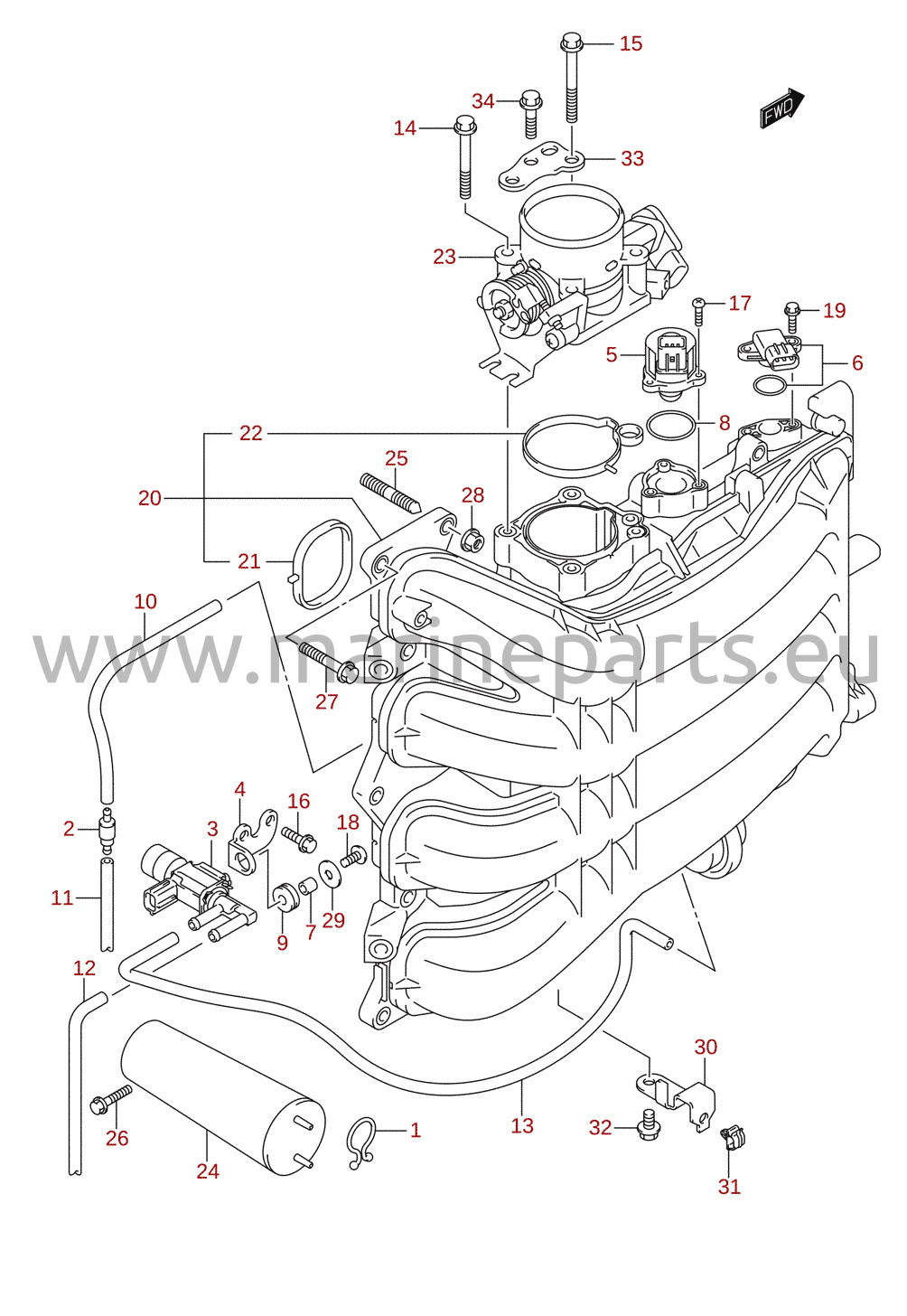 Indsugningsmanifold / gasspjældshus (DF150T, DF150Z, DF175T, DF175Z)