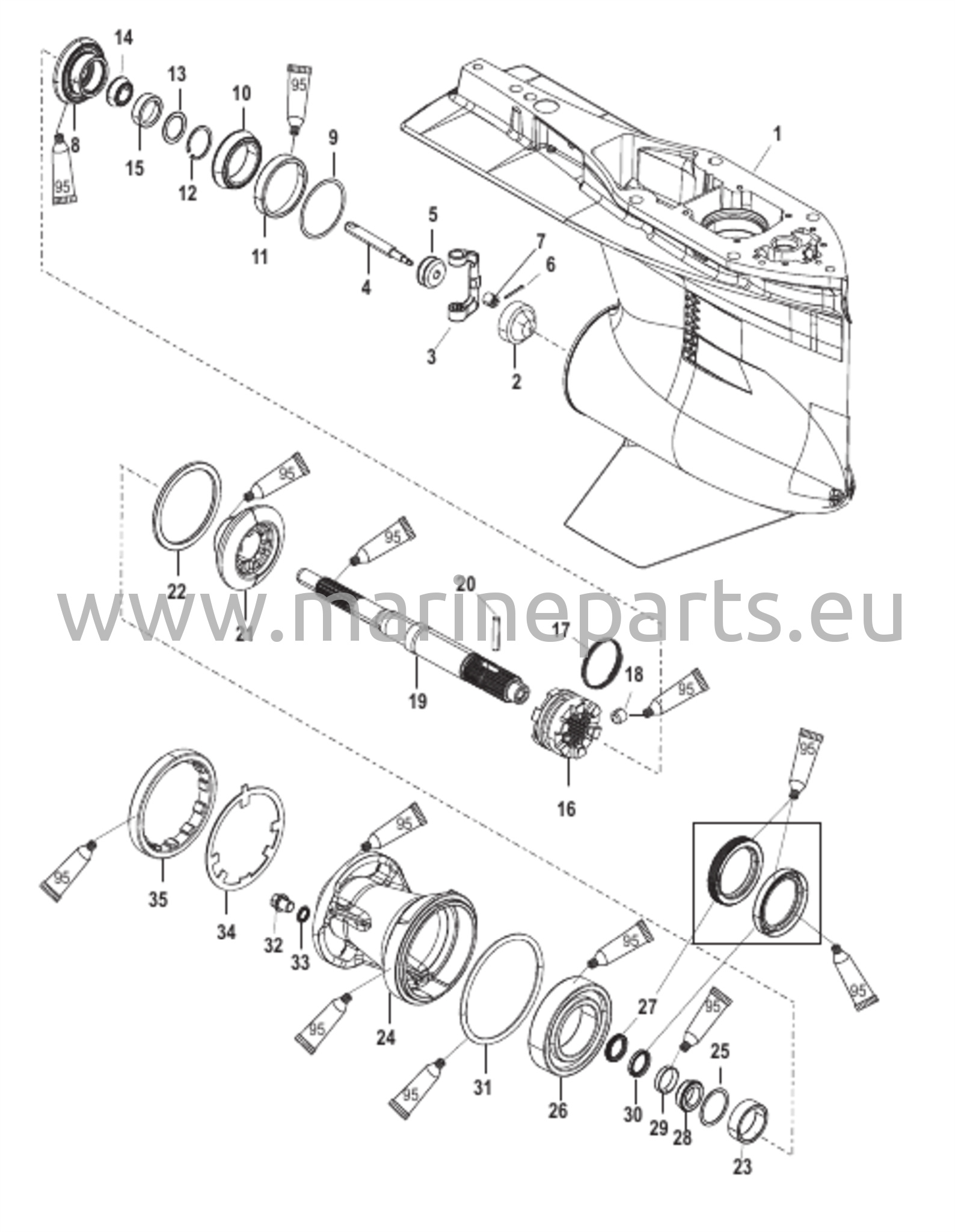 Vaihteiston kotelo potkurin akselille - vakiorotaatio