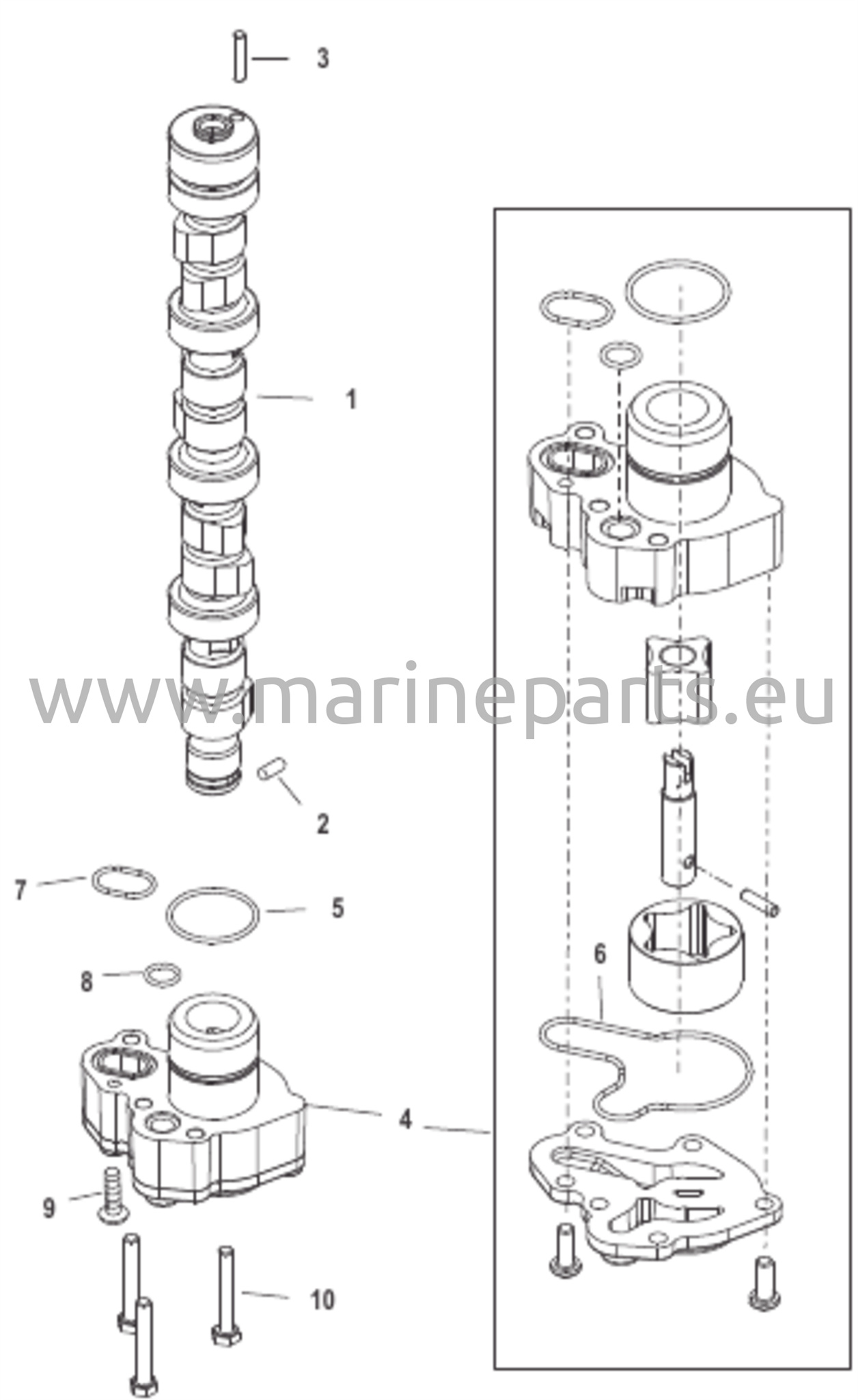 Nokka-akseli ja öljypumppu