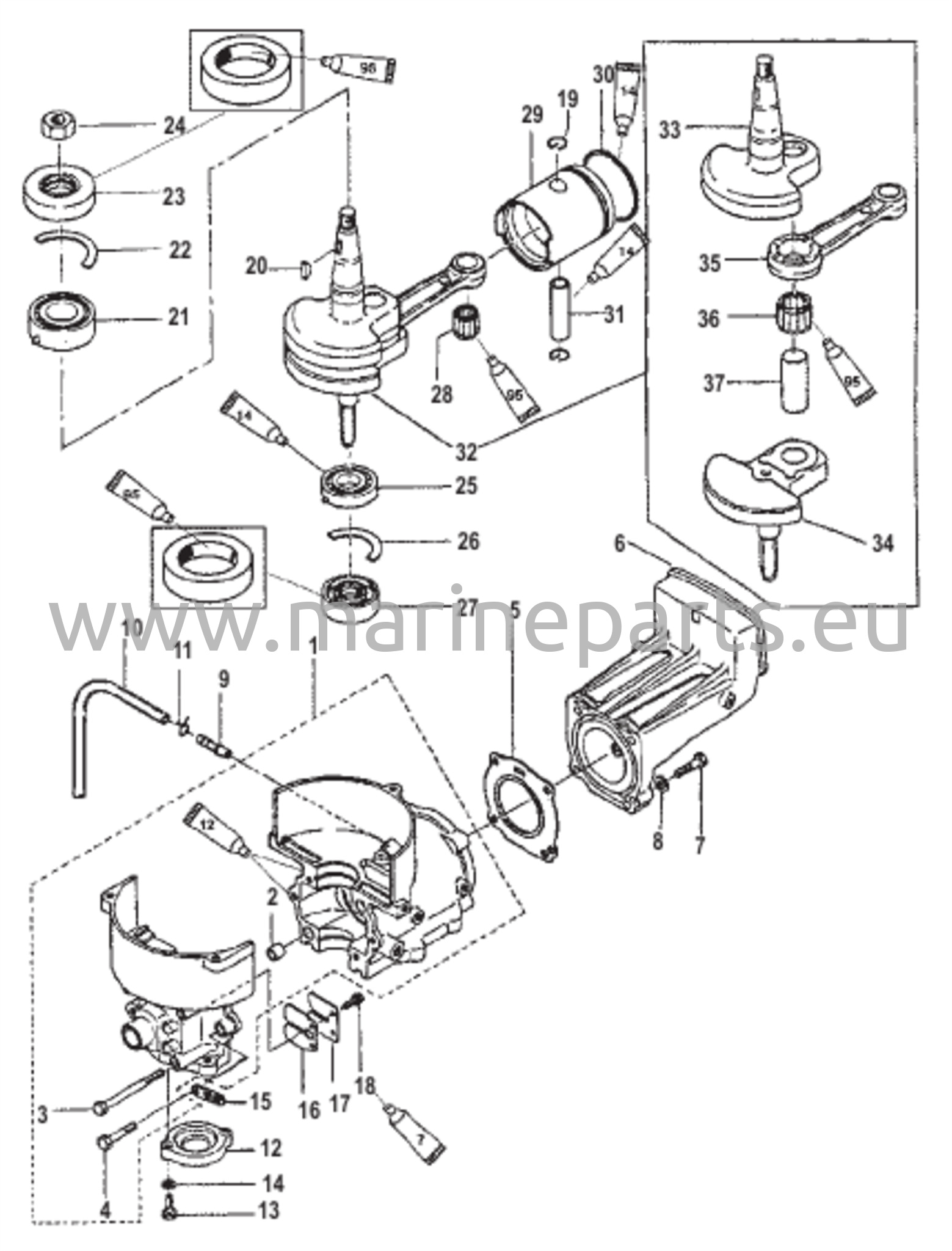 Sylinterilohko, kampiakseli ja mäntä