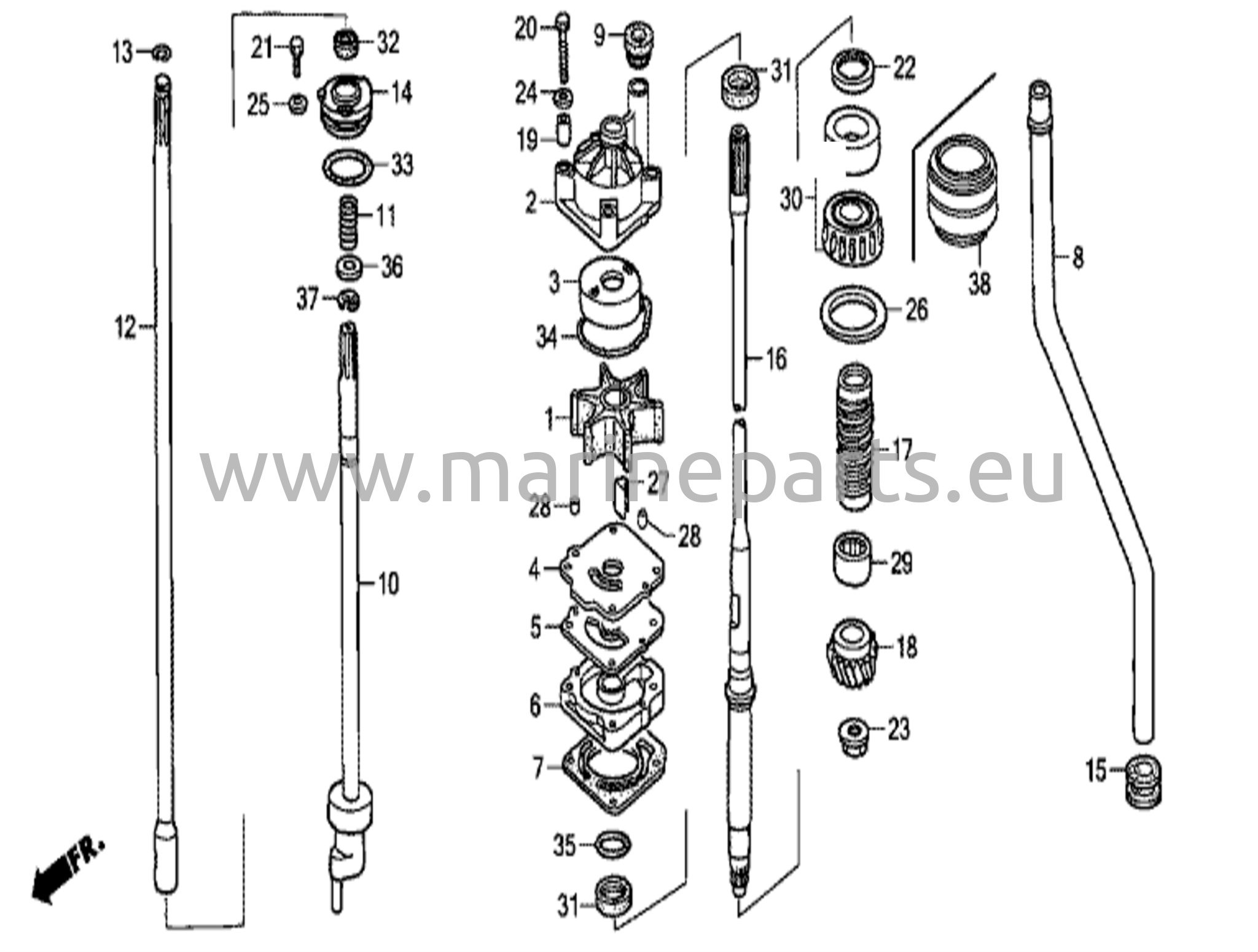 Vesipumppu-yksikkö ja pystysuora voimansiirtoakseli