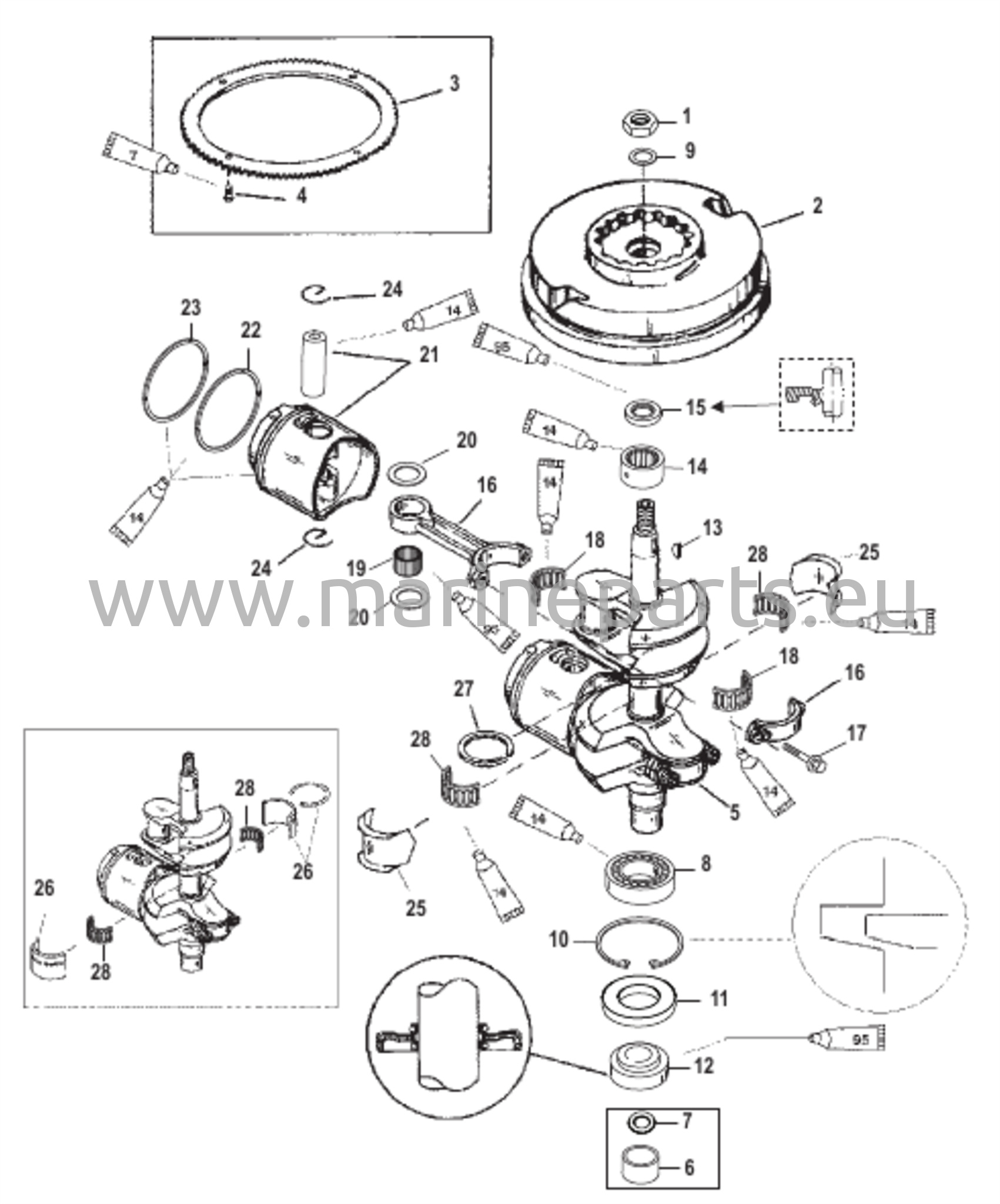Crankshaft Pistons and Flywheel 