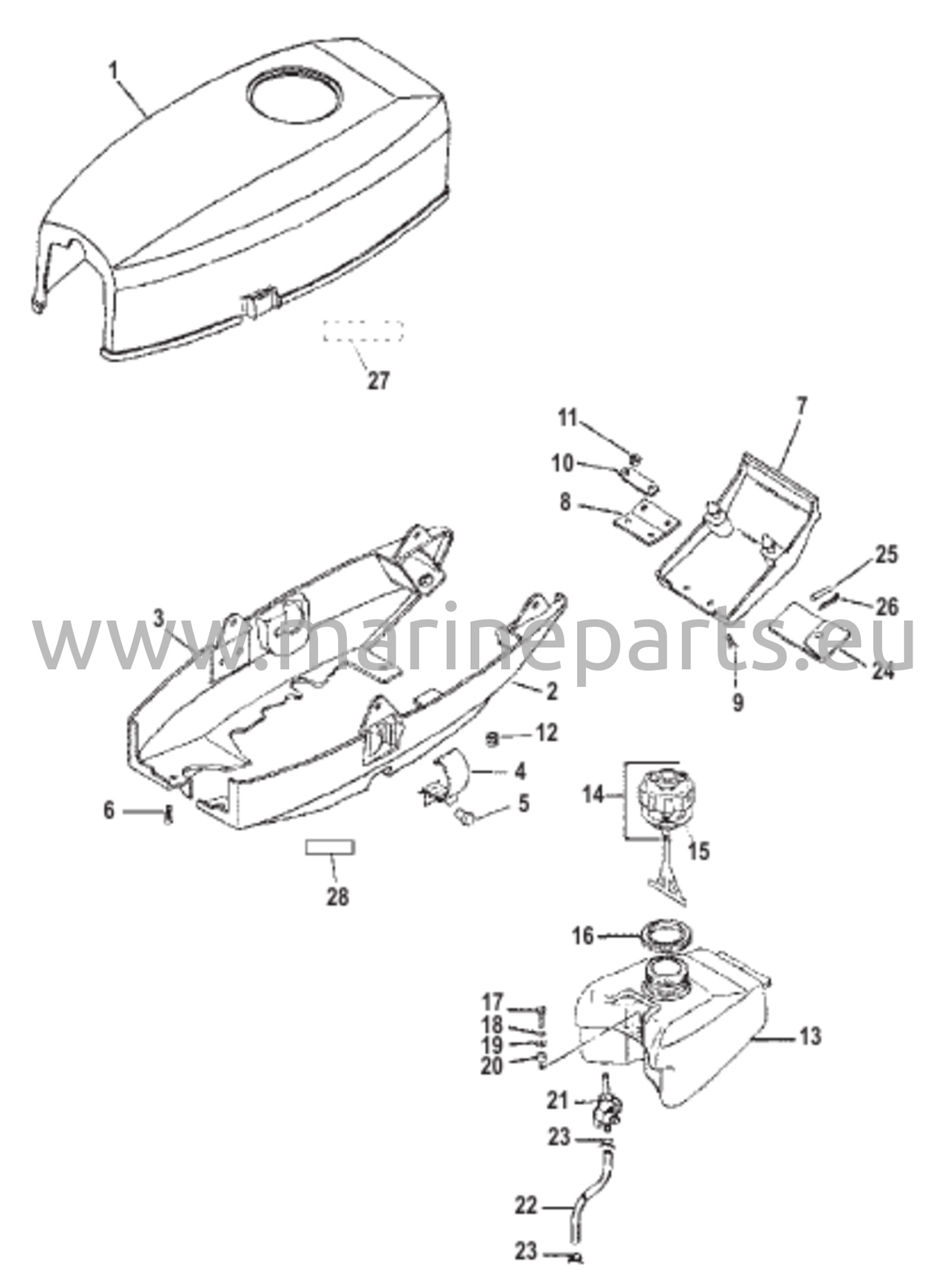 Kattosuoja ja polttoainesäiliö 1B575522 ja sitä alemmat